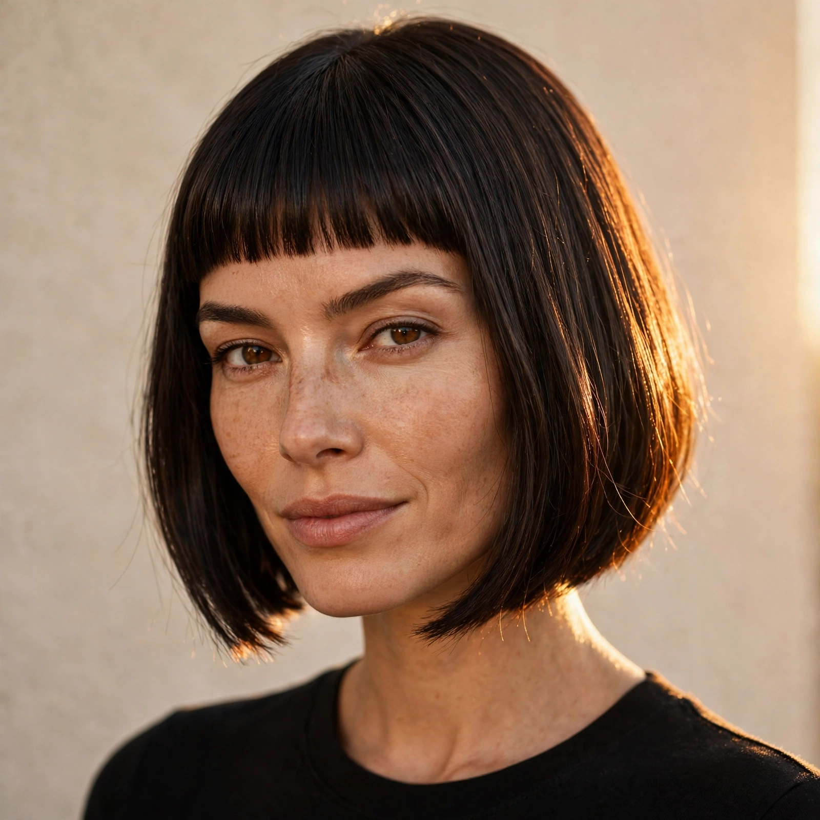 confident woman with baby bangs, golden hour light, empowering portrait