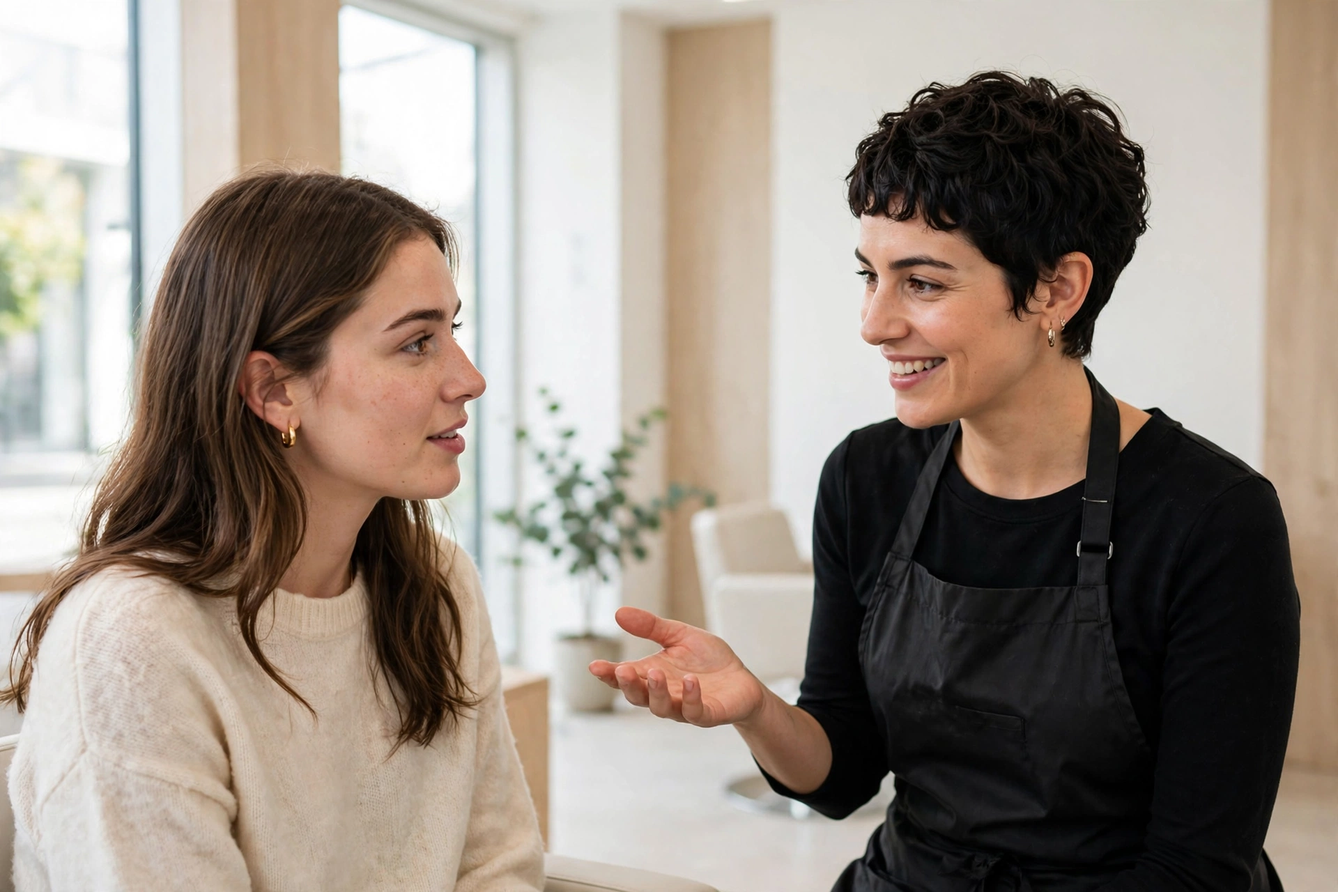 woman consulting with hairstylist in salon, discussing fringe haircut