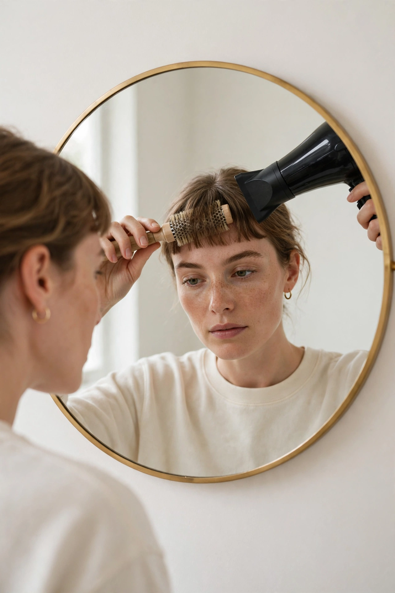 woman styling her baby bangs with hairdryer at home, bathroom mirror