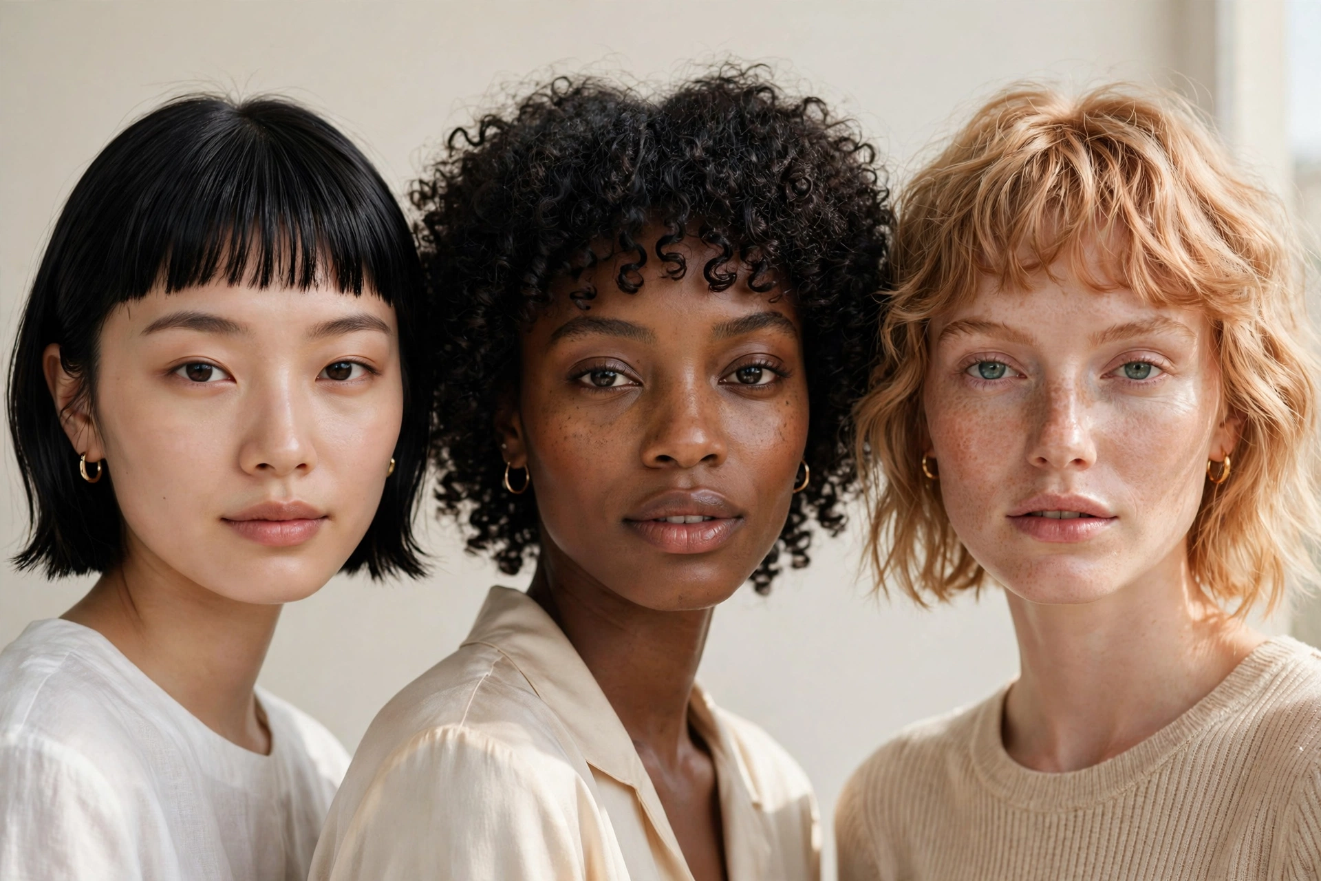 lineup of diverse women showcasing different baby bangs styles, editorial collage