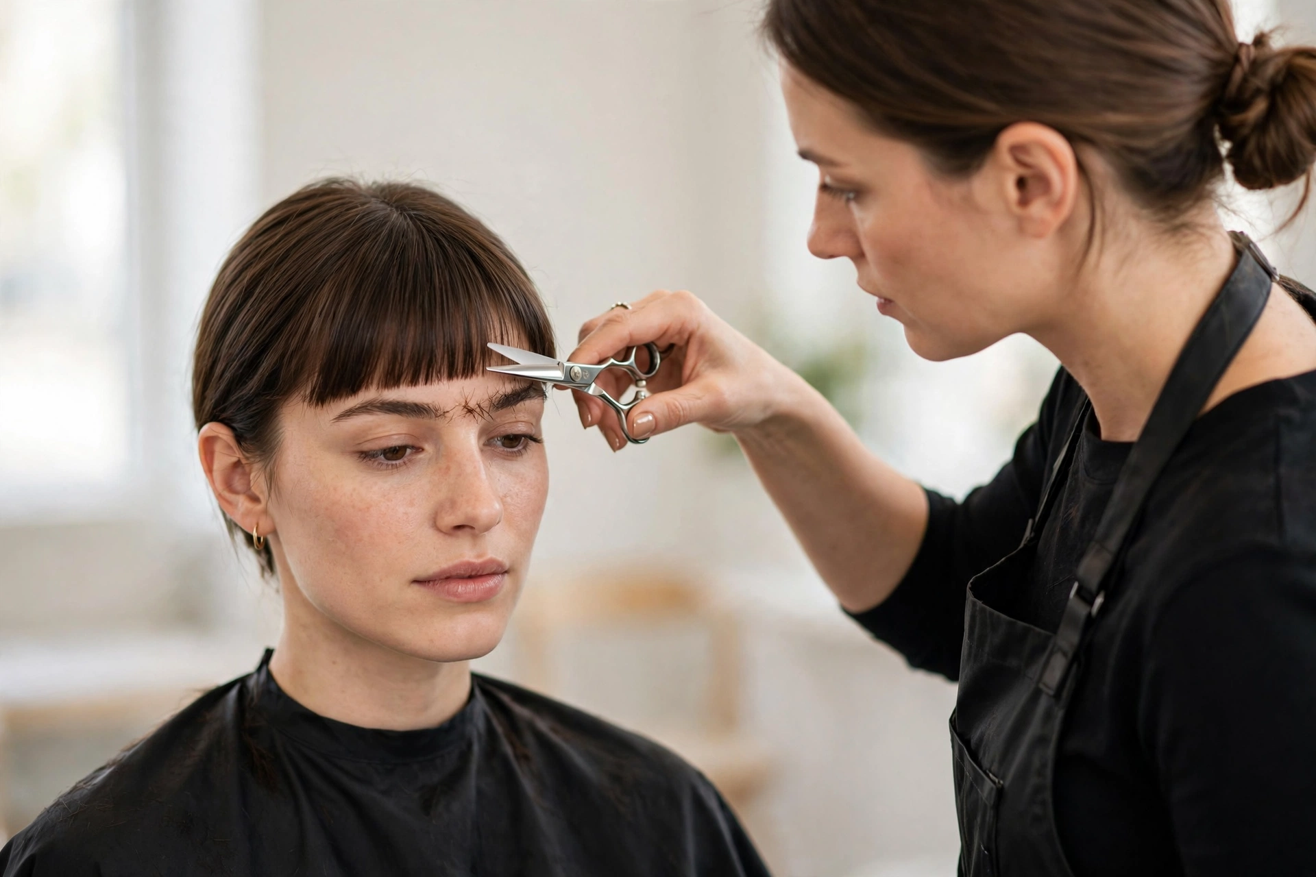 woman getting baby bangs trimmed at salon, stylist trimming fringe