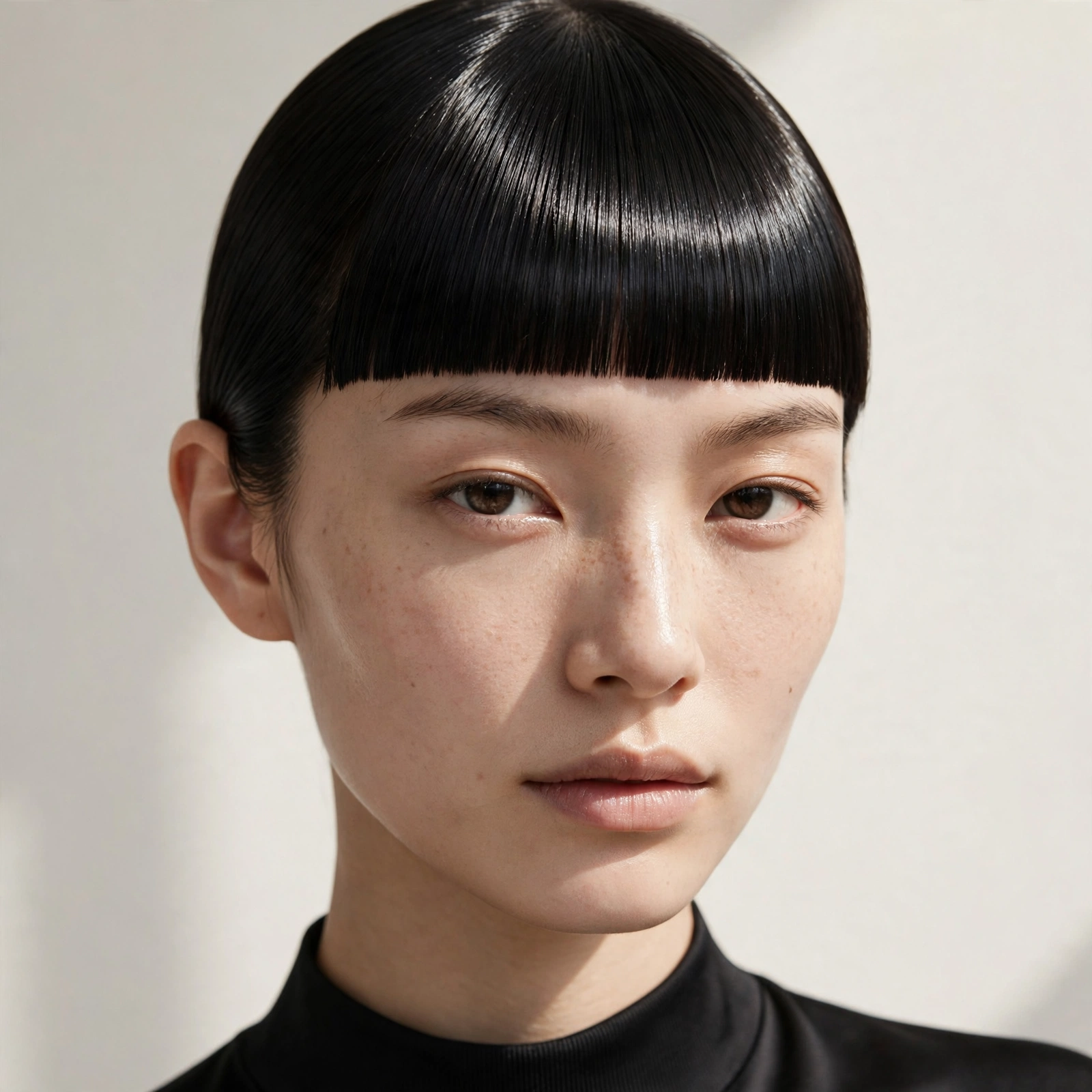 woman with pin-straight sleek baby bangs, glossy glass hair, minimalist style