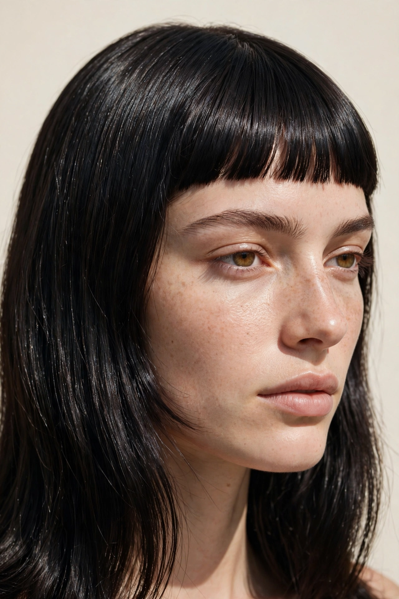 close-up of a female model with classic baby bangs, micro fringe sitting well above eyebrows, dark hair