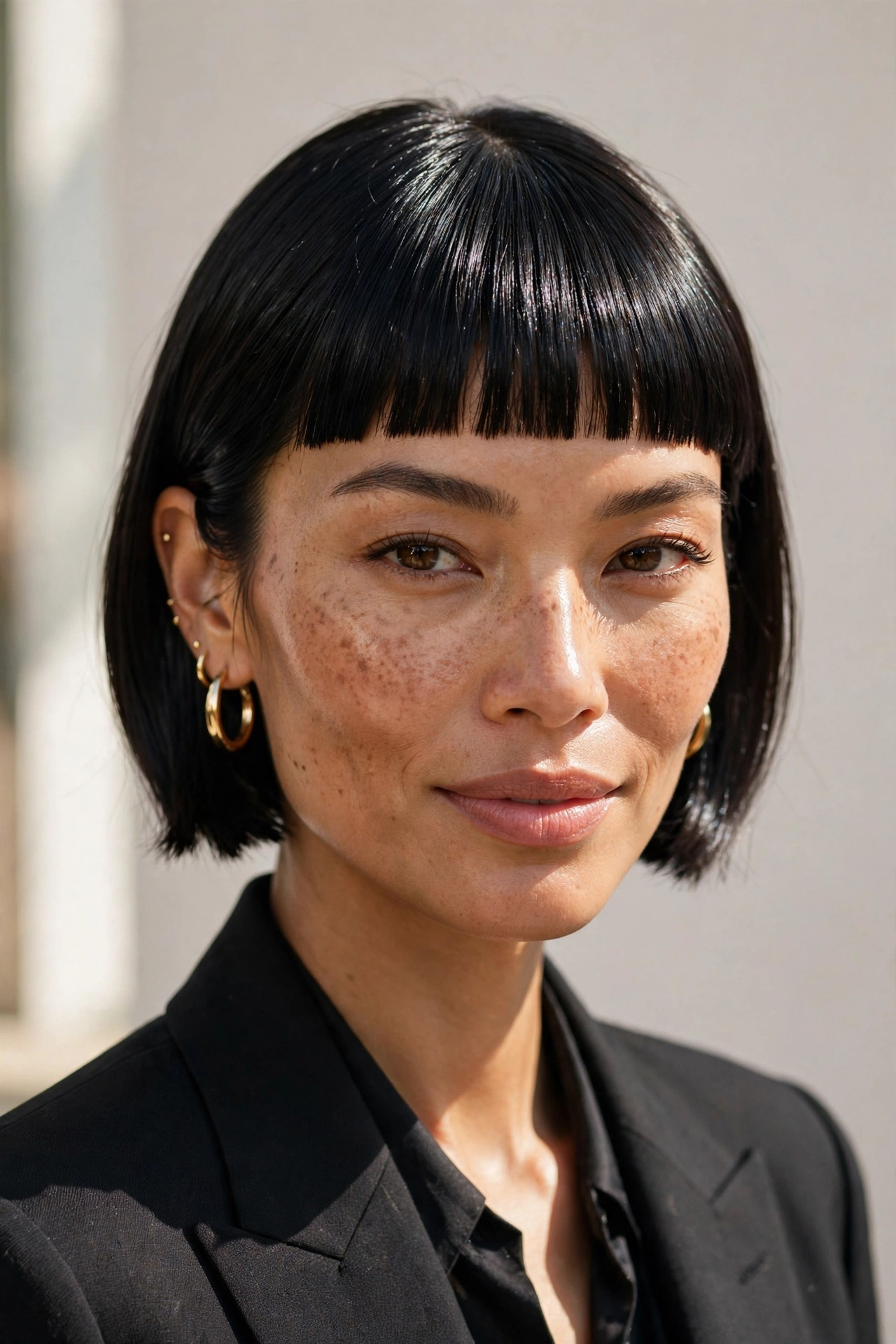 stylish woman with baby bangs at a fashion event, confident pose, natural light