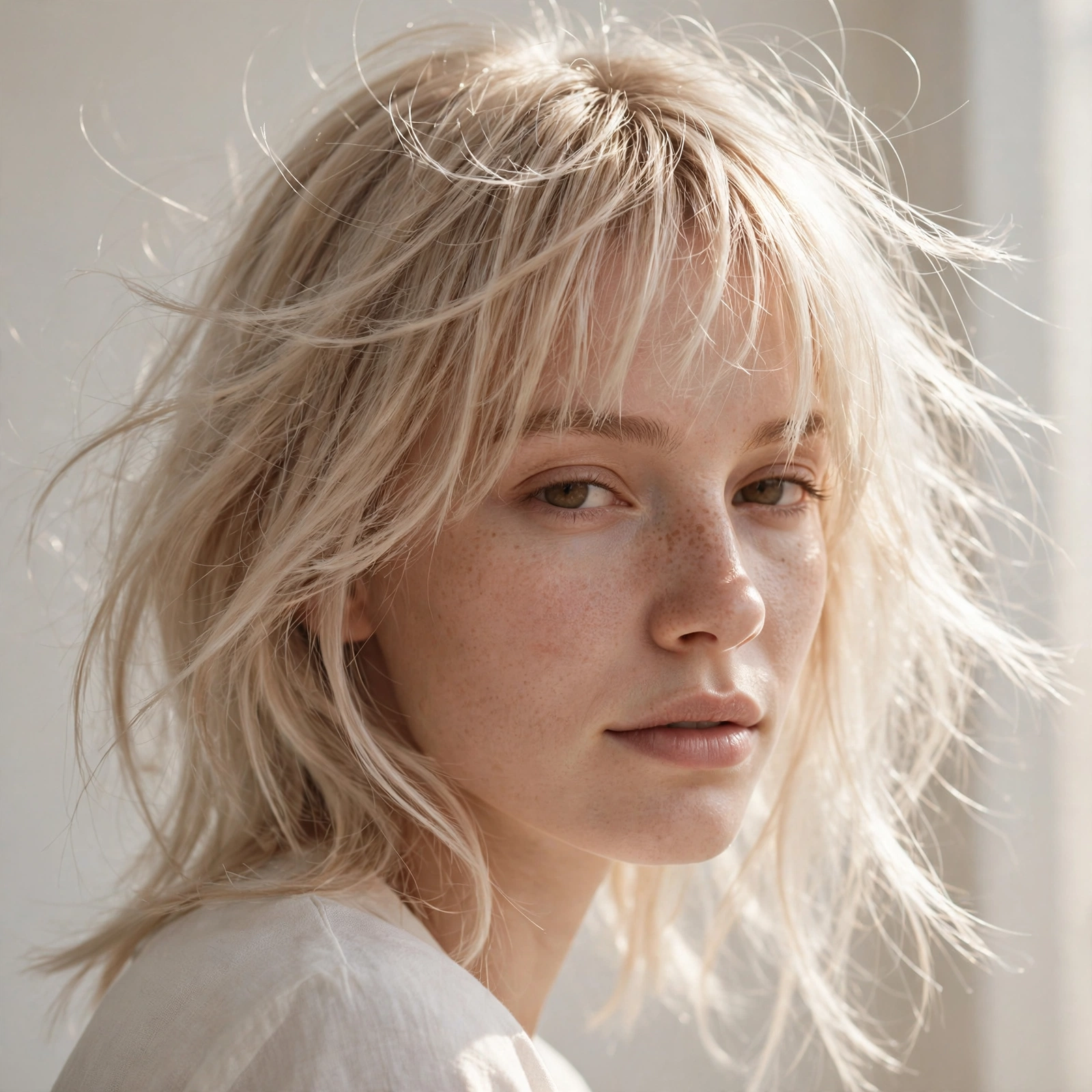 woman with soft wispy baby bangs, feathery texture, light airy hair