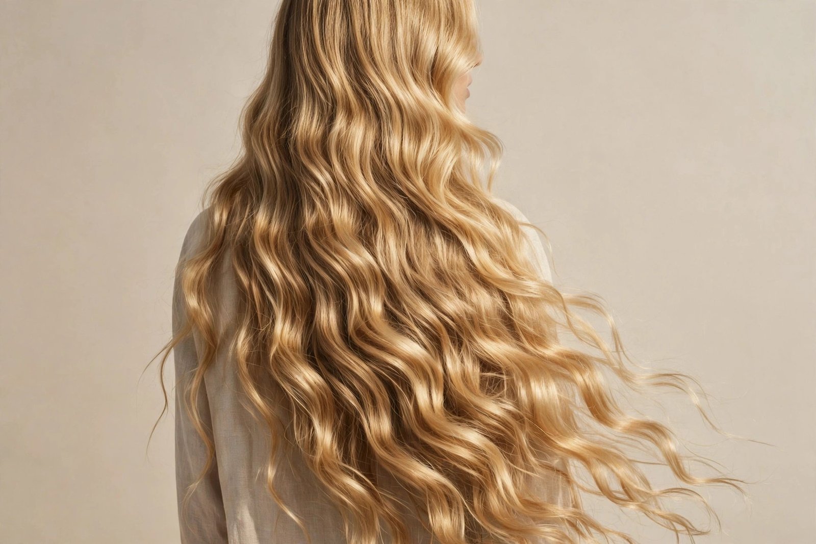 Classic California long beach waves with sun-kissed shine, back view
