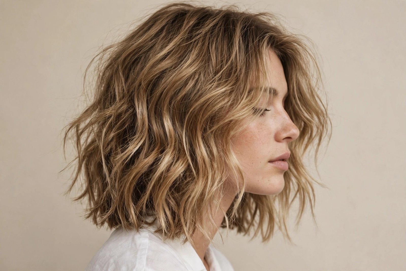 Shoulder-length lob haircut styled in tousled beach waves