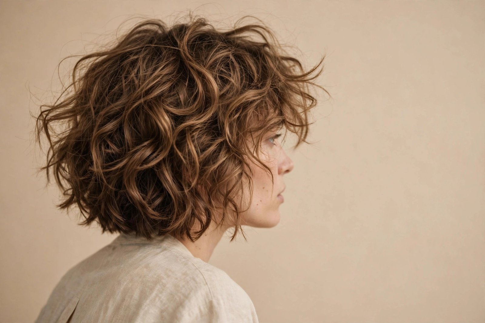 Short tousled bob styled in soft loose beach waves