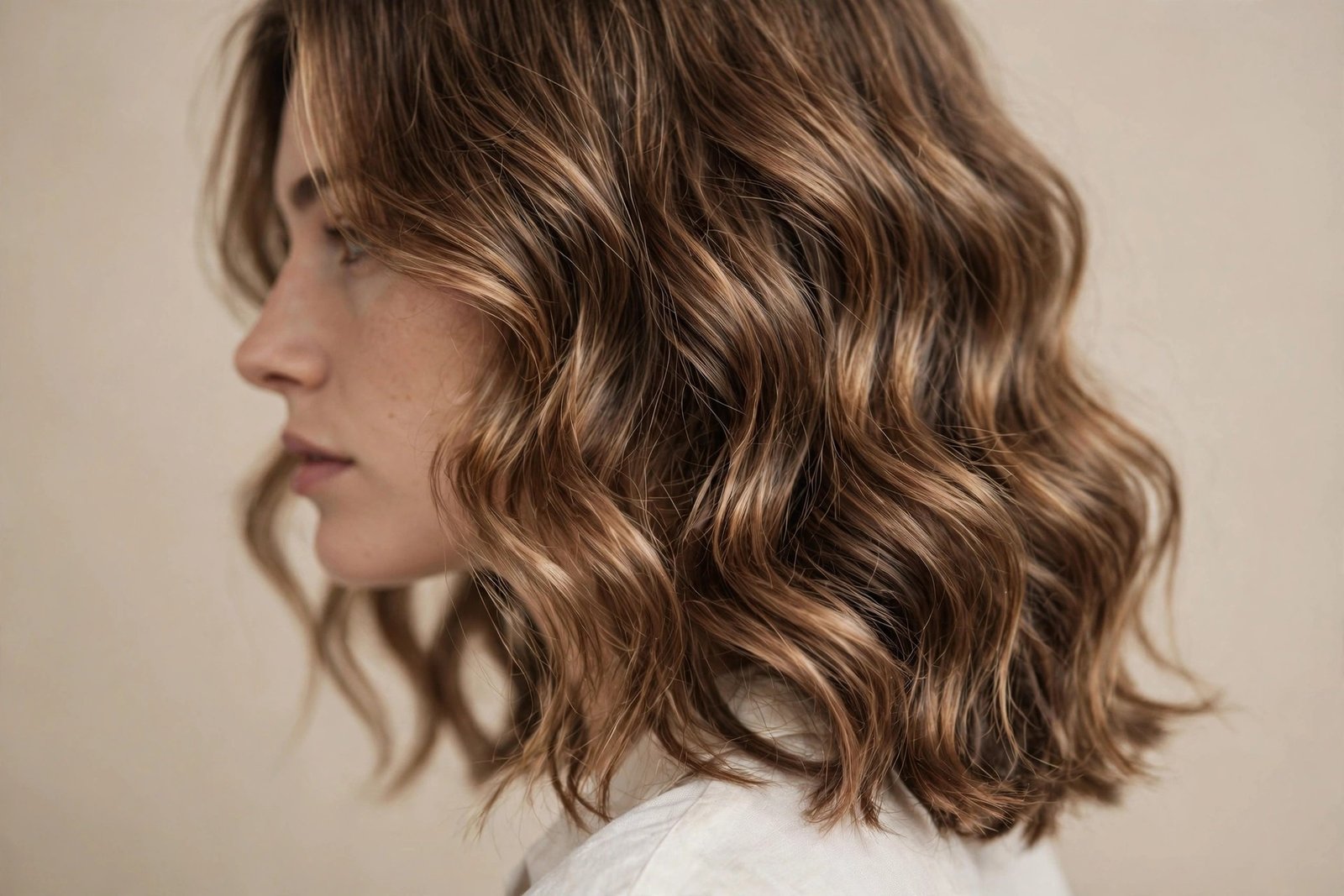 Naturally wavy hair enhanced into soft defined beach waves