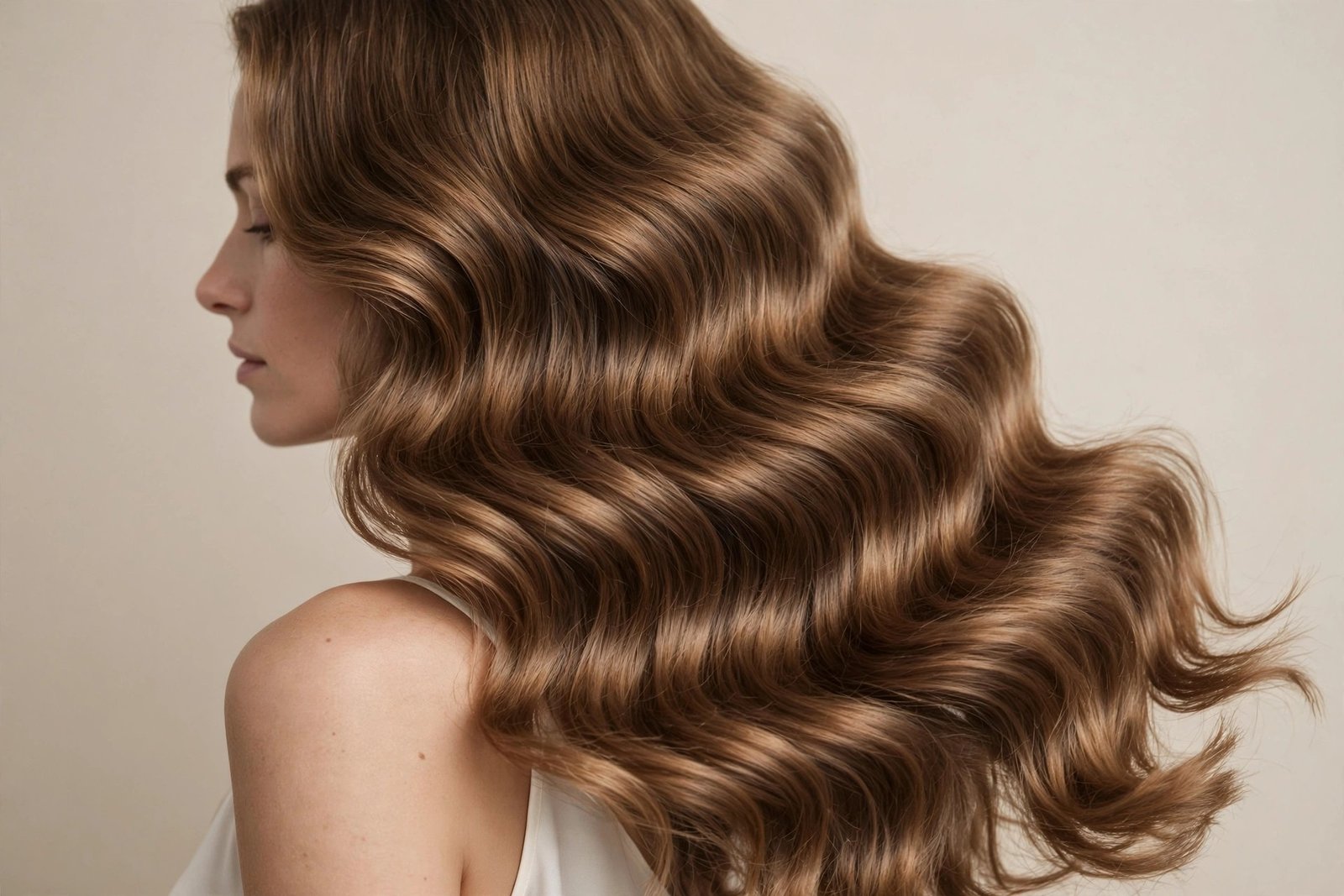 Thick hair styled in tamed glossy beach waves with smooth finish