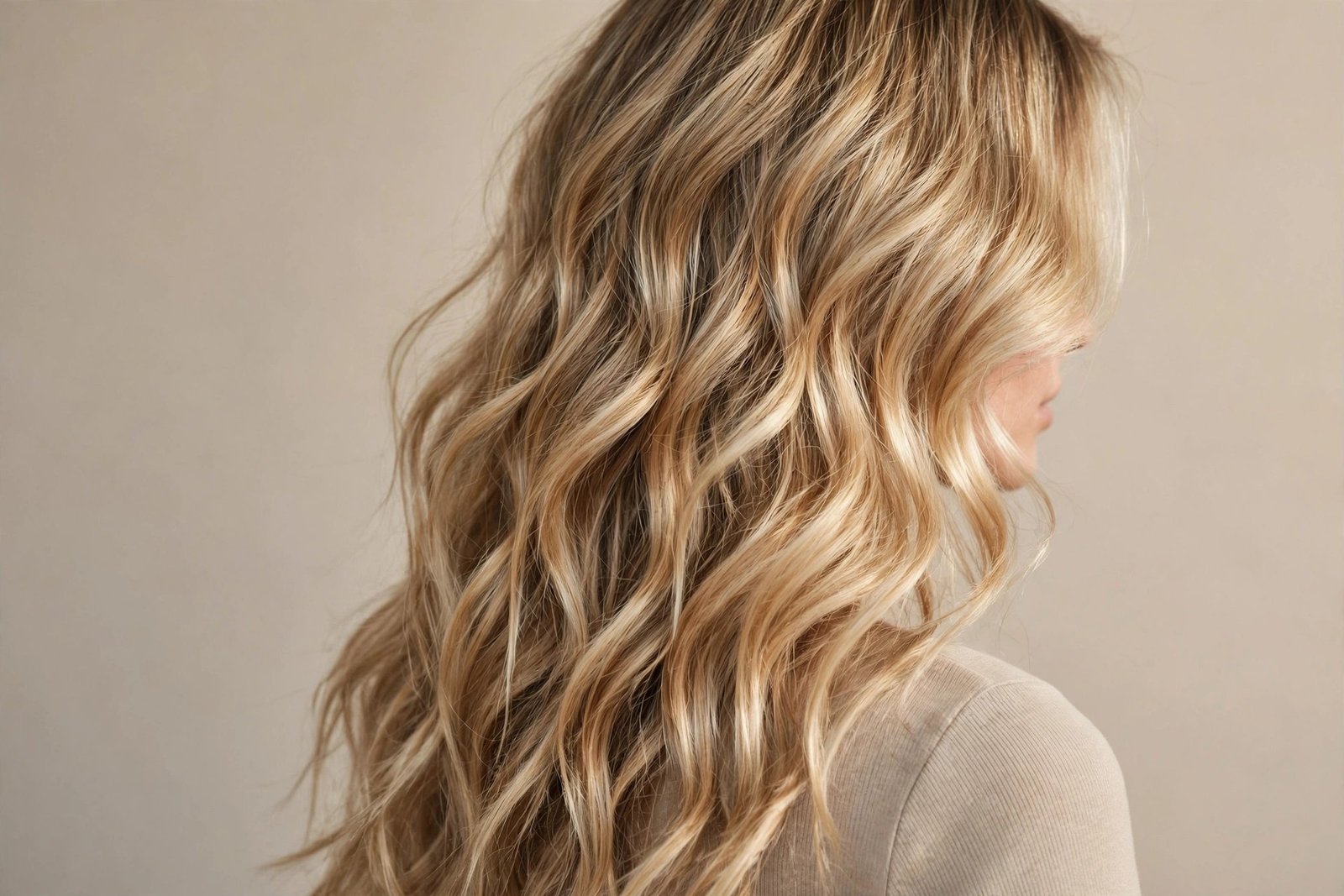 Blonde balayage beach waves with dimensional sun-kissed tones