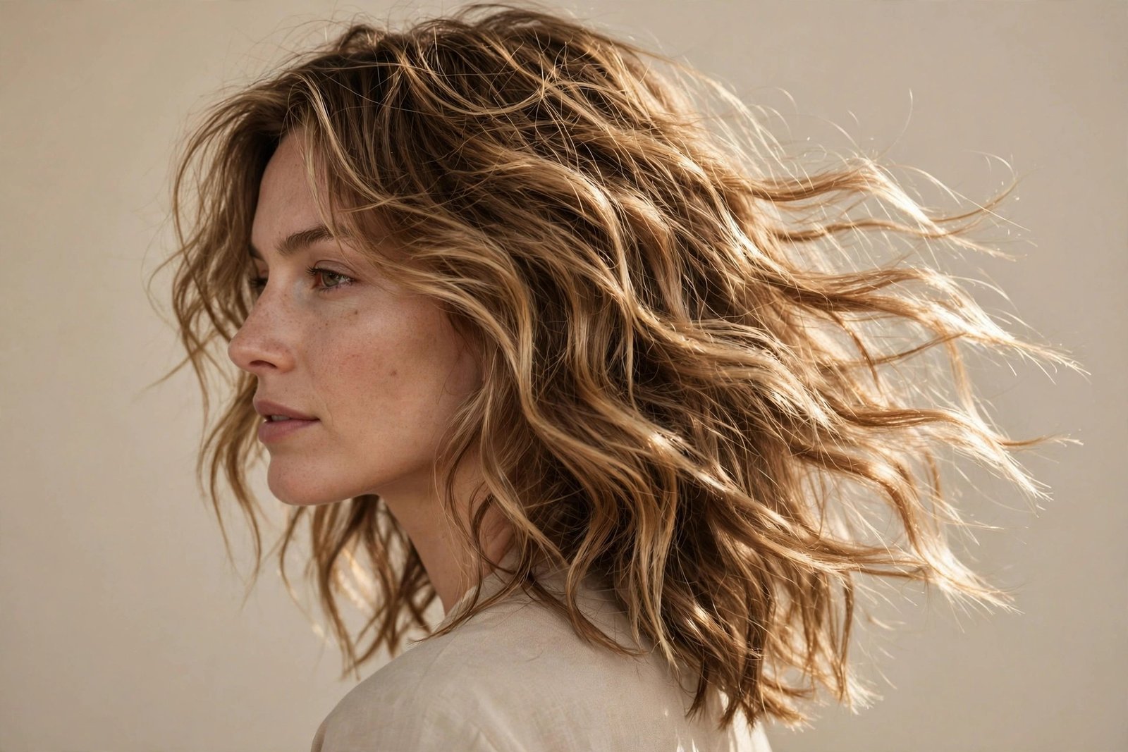 Medium-length tousled beach waves hairstyle with natural movement in soft studio light