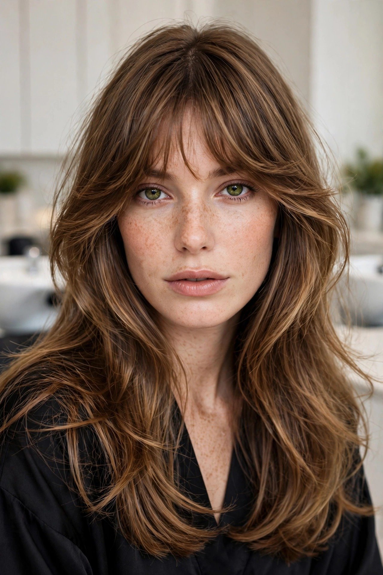 Woman with soft wispy birkin bangs falling just below the eyebrows in Jane Birkin style