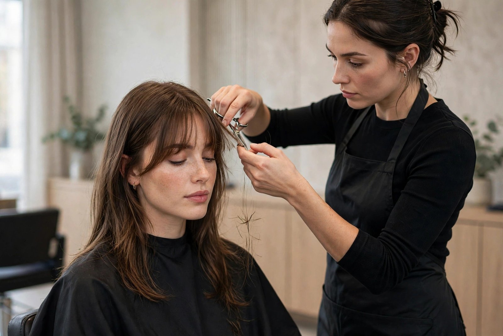 Hairstylist cutting soft birkin bangs in a salon showing the feathering technique