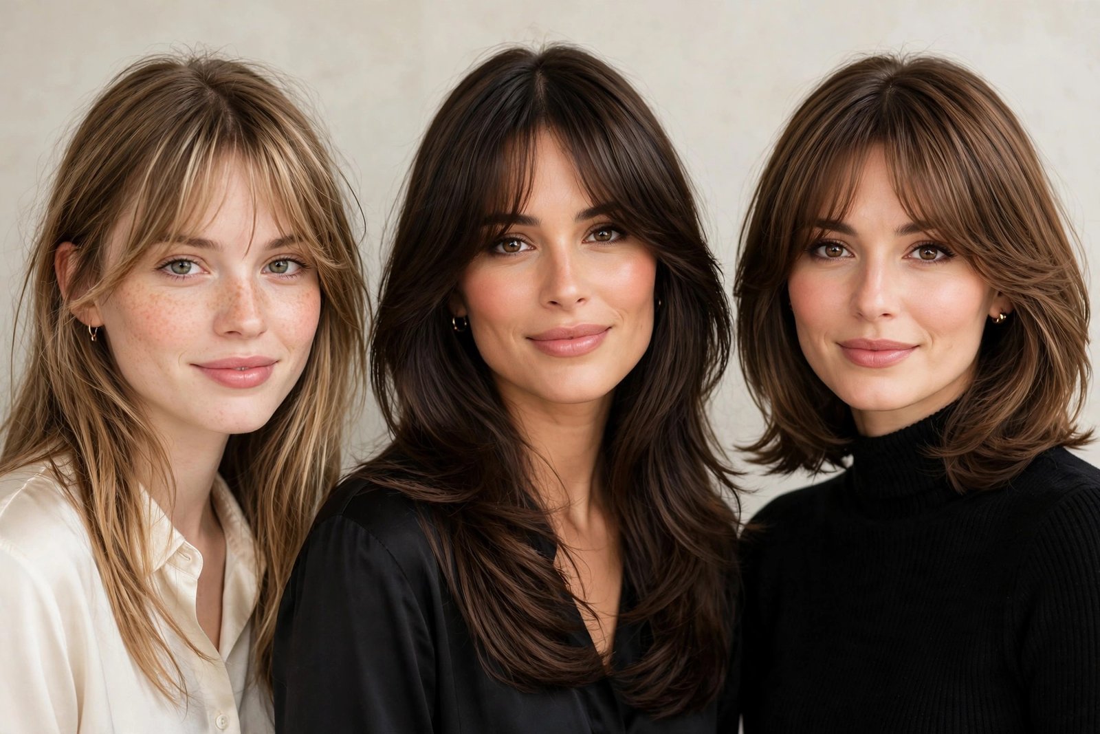 Side by side comparison of birkin bangs curtain bangs and bottleneck bangs fringe styles