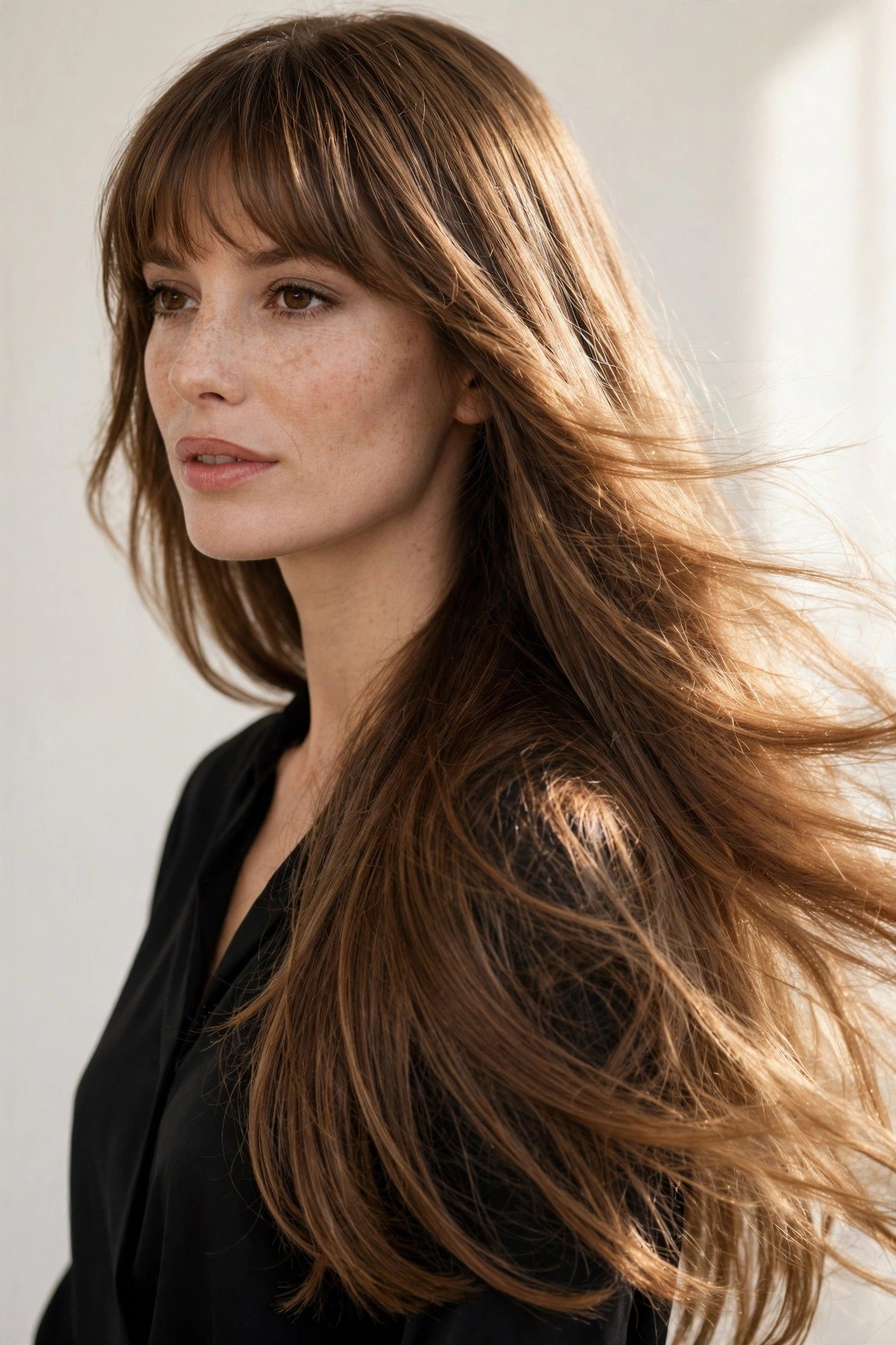 Elegant woman with long hair and perfect birkin bangs in soft natural light