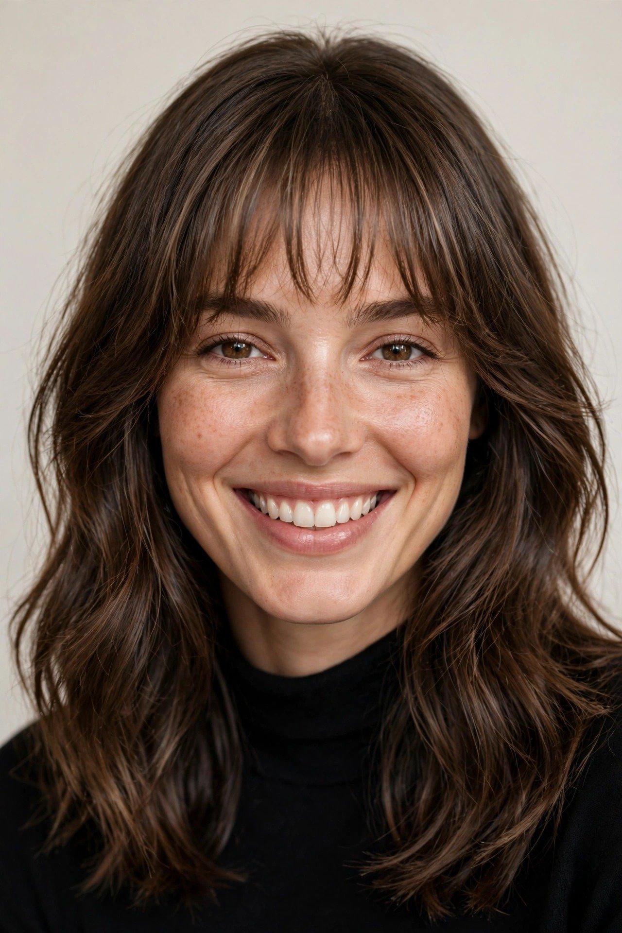 Woman with birkin bangs smiling showing the versatile French fringe from the front