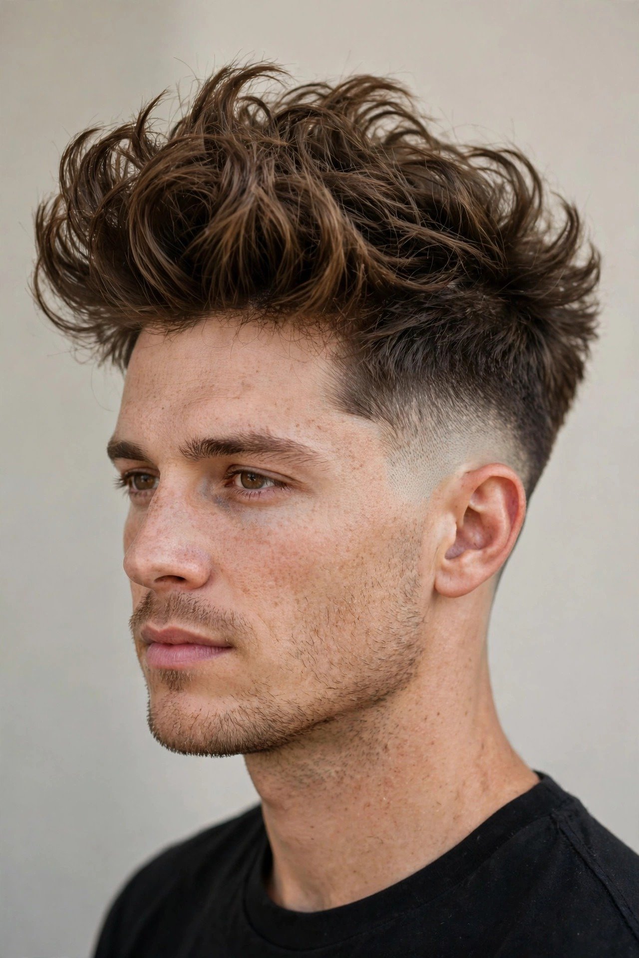 Man with a blowout taper haircut showing tall voluminous hair on top and clean tapered sides