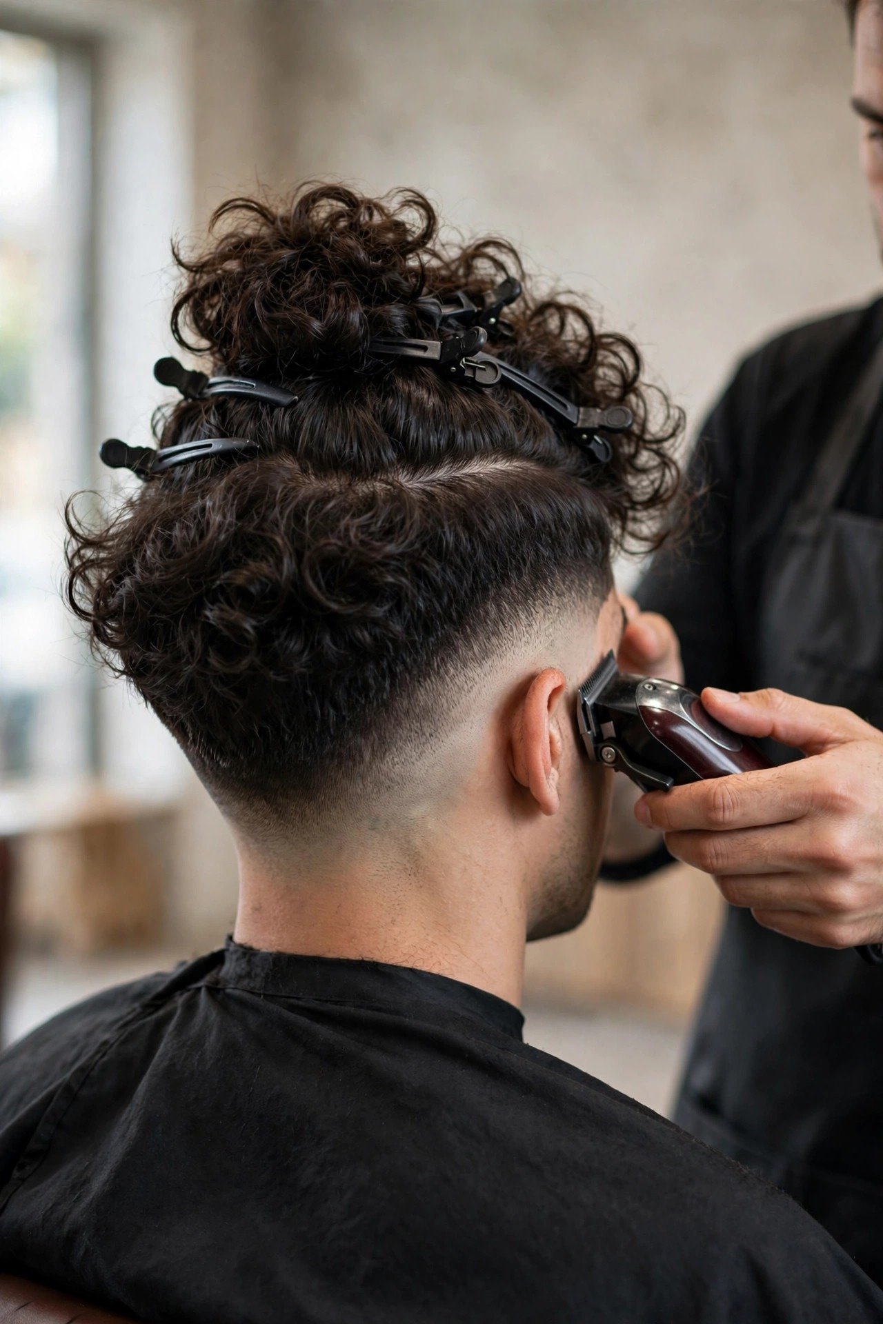 Barber trimming a blowout taper with clippers while the voluminous top is clipped up and out of the way