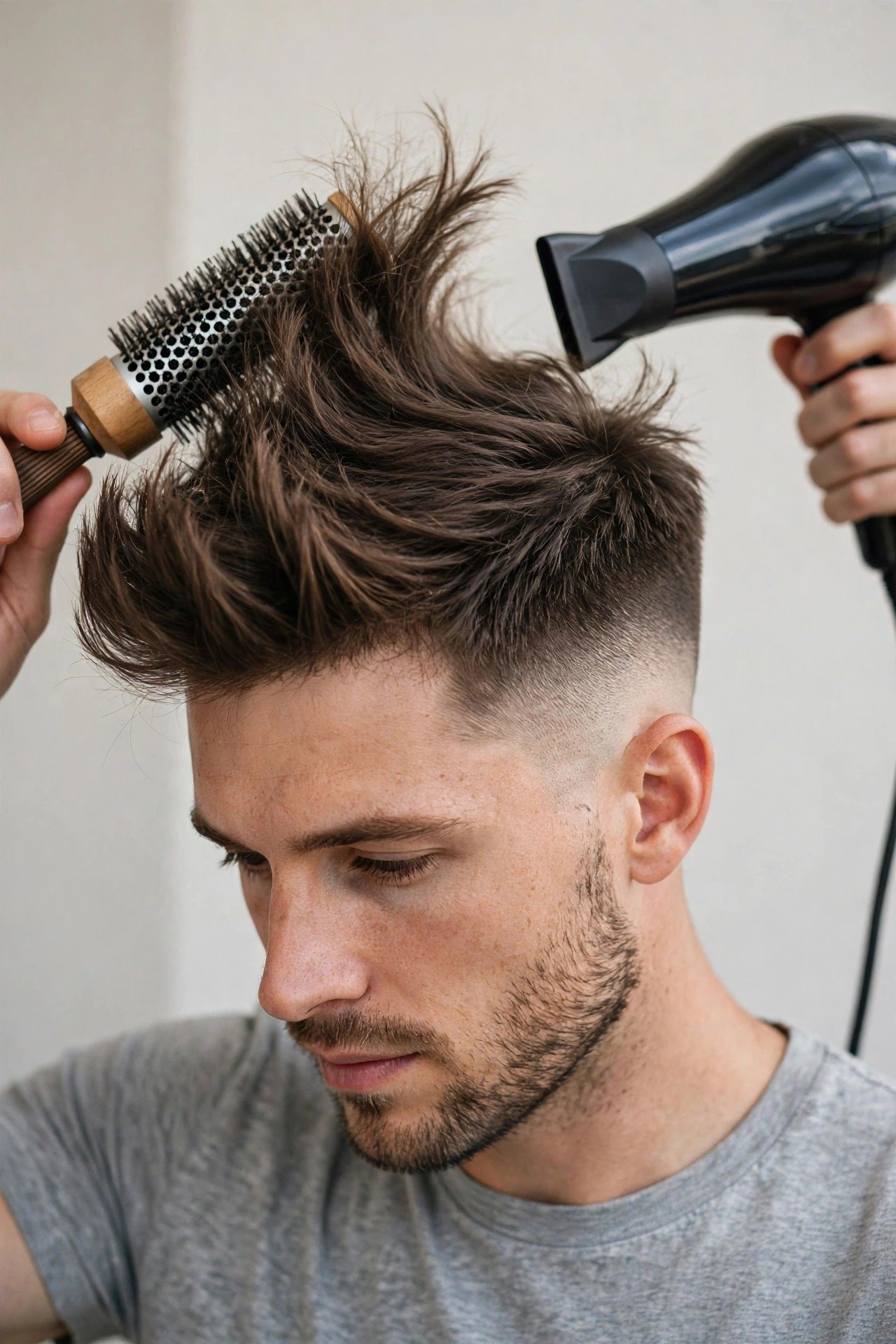 Man blow-drying his taper haircut upward with a brush to create maximum volume on top