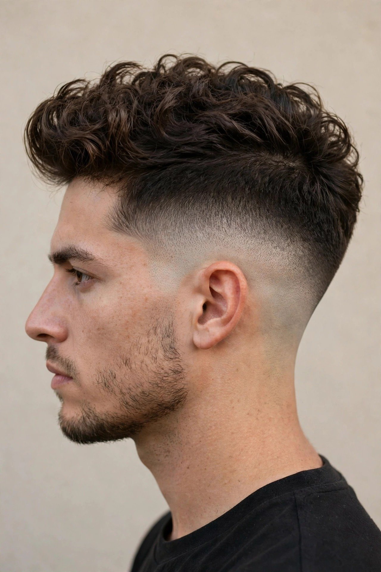 Side profile of a mid blowout taper fade showing the gradient rising halfway up the head