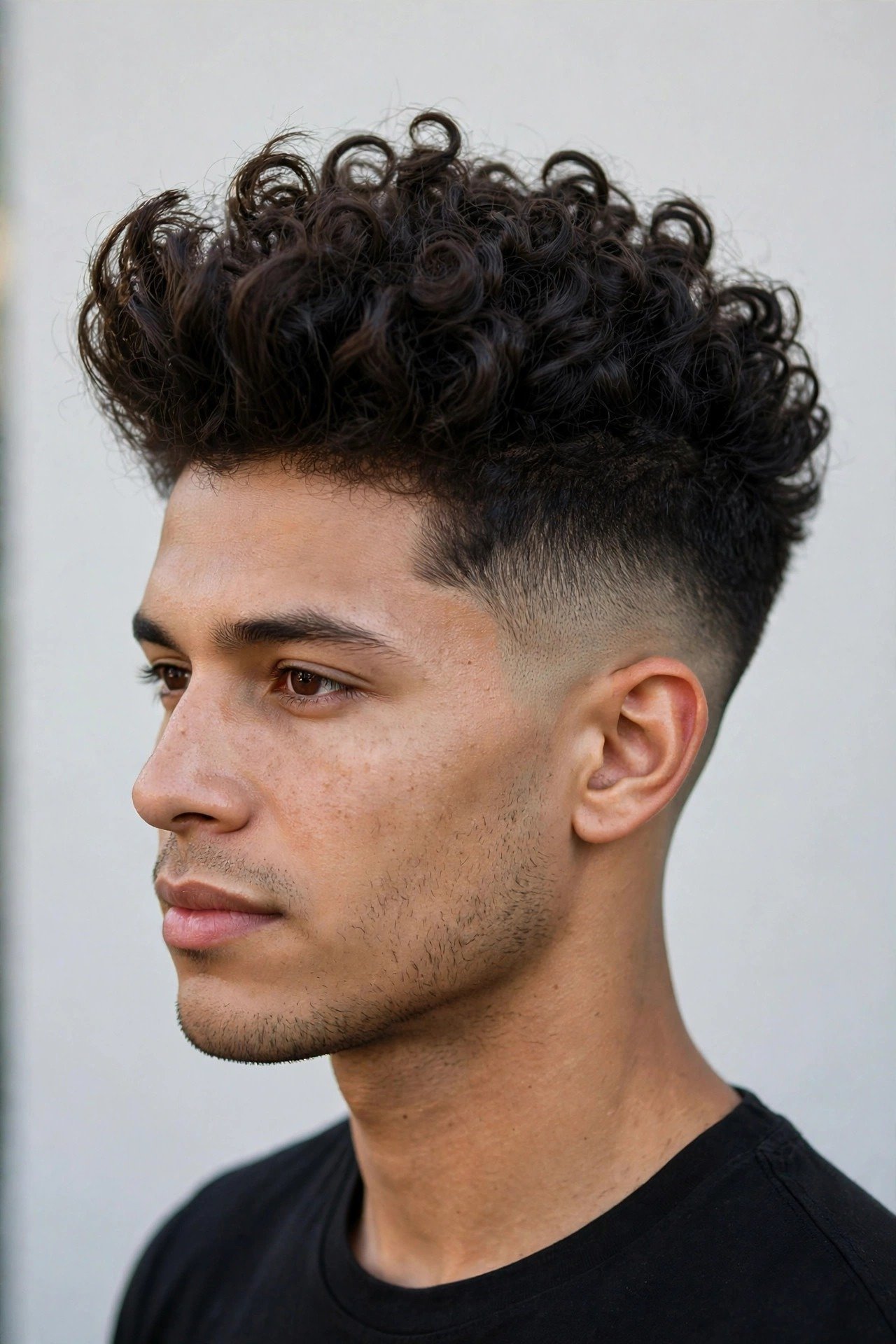Curly blowout taper with defined coils standing tall on top above neatly tapered sides