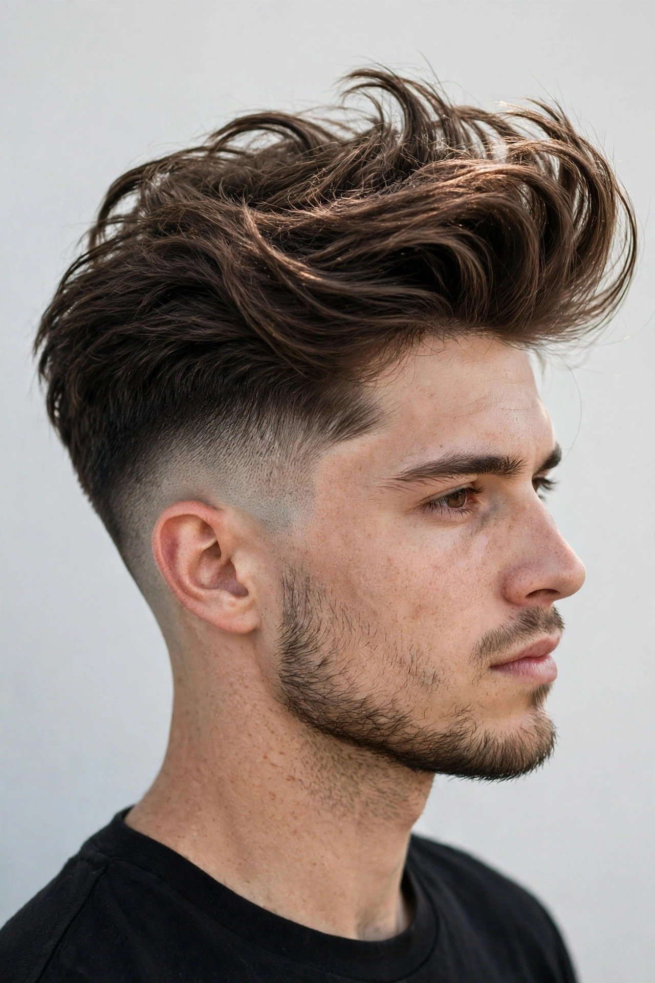 Long top blowout taper with dramatic height and flowing textured hair above faded sides