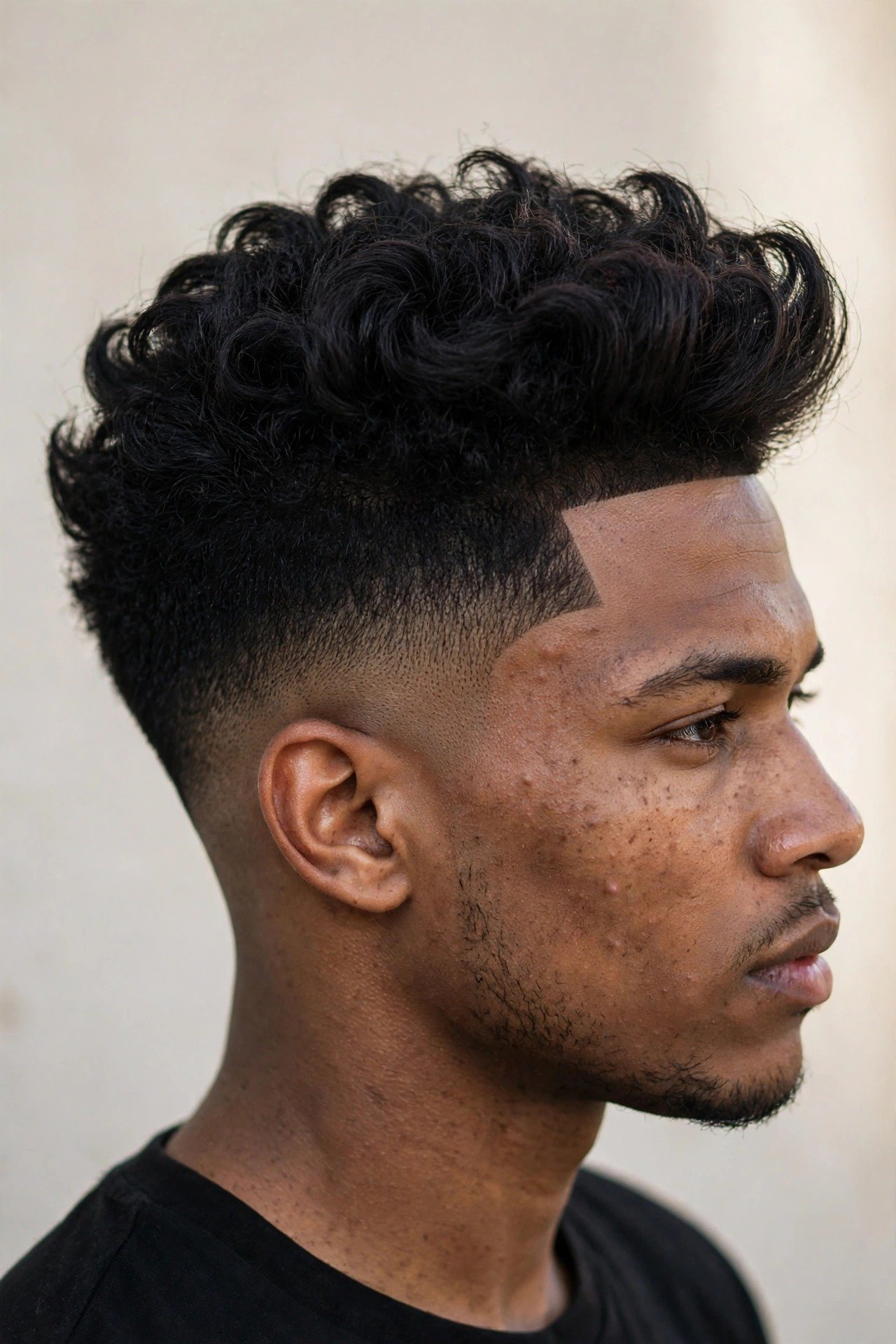 Blowout taper with a sharp lineup along the hairline and forehead above a clean taper fade