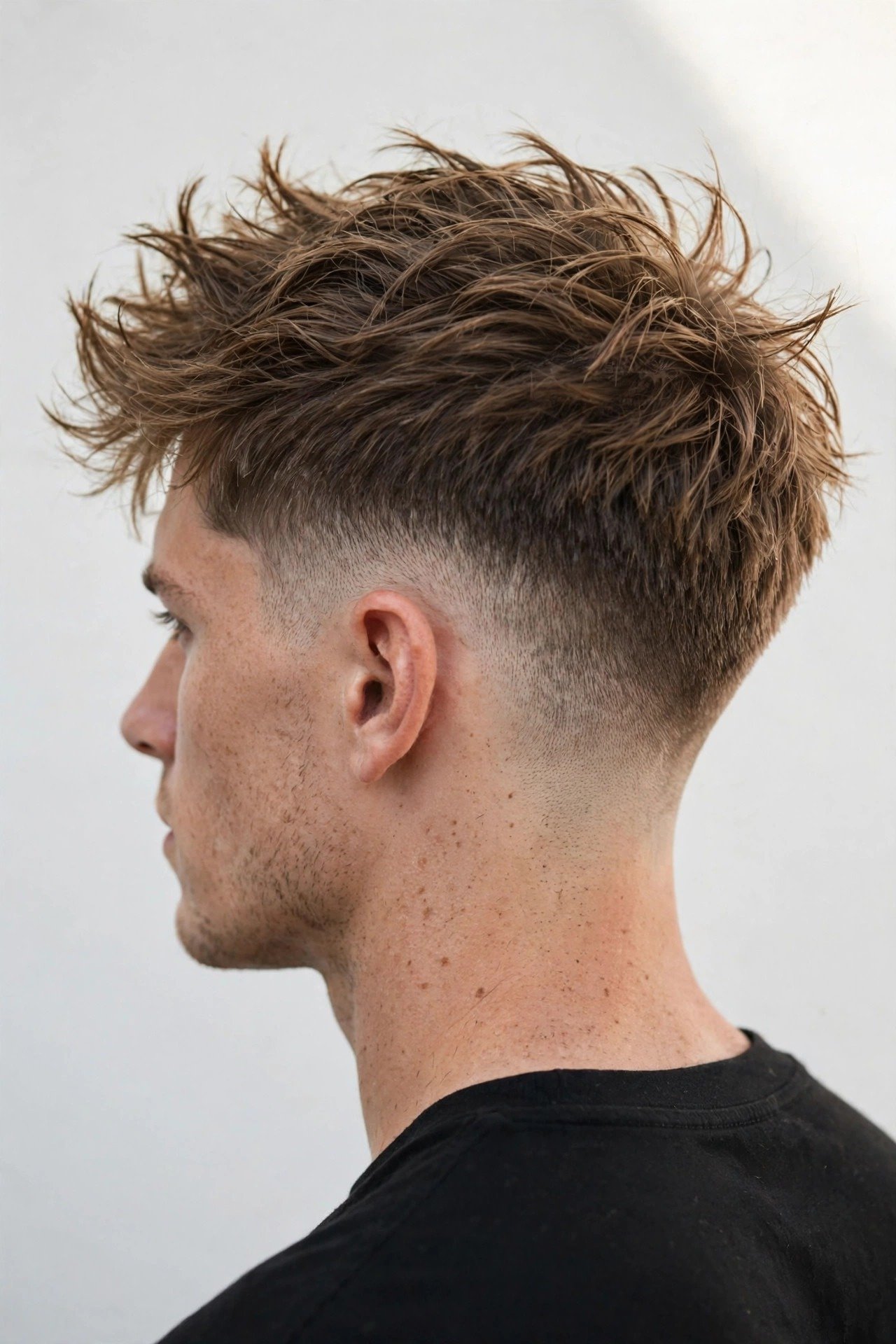 Messy textured blowout taper with tousled piecey hair on top and neatly tapered sides