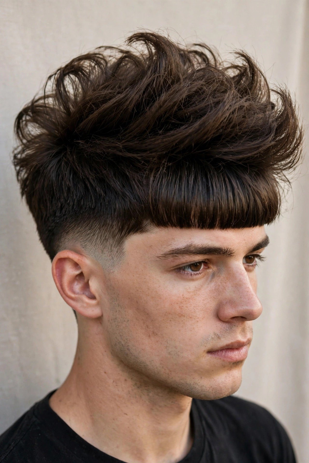 Edgar style blowout taper with a straight heavy fringe and voluminous crown above tapered sides