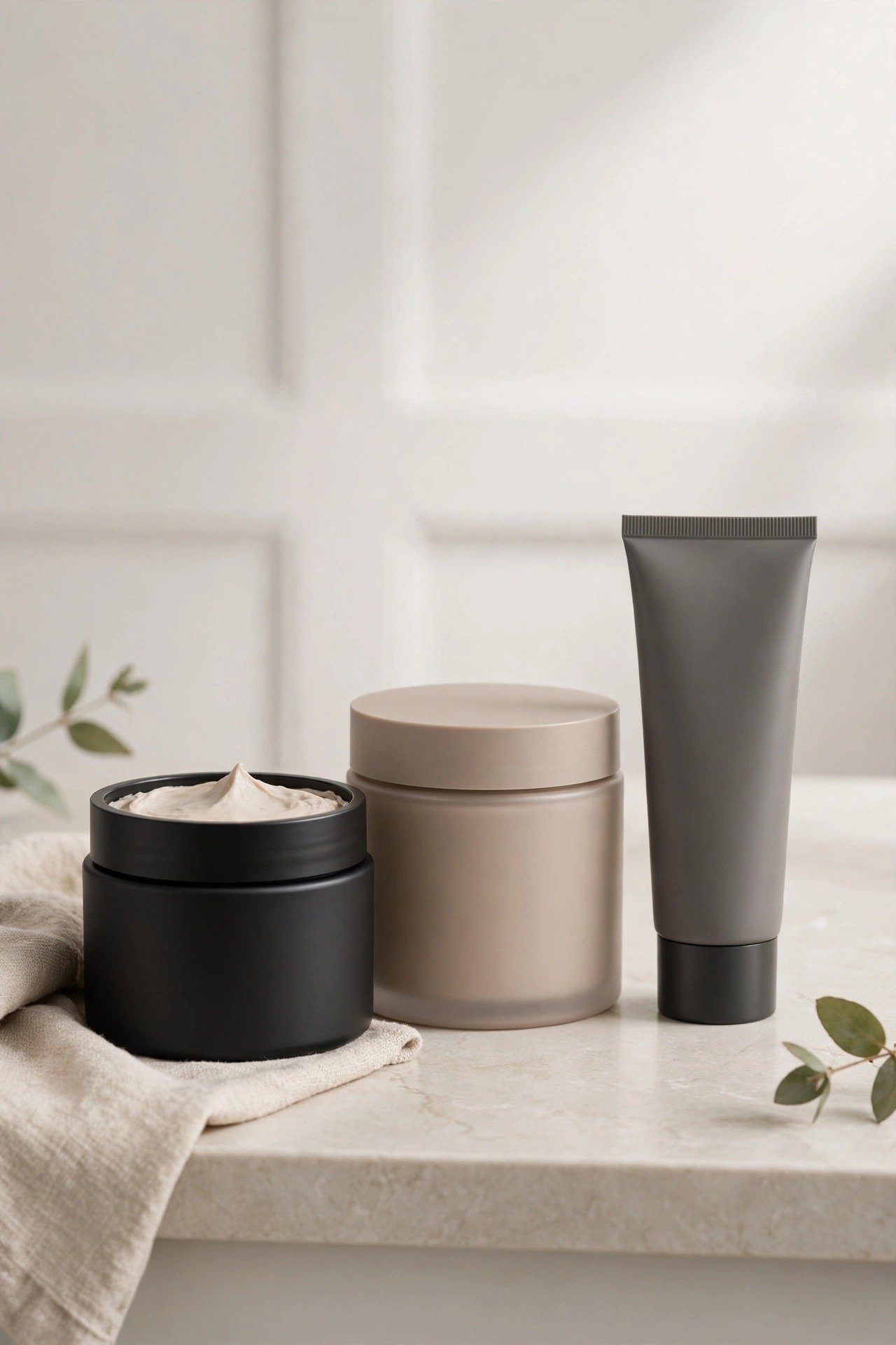 Essential styling products for a blowout taper arranged on a bathroom counter including clay and spray
