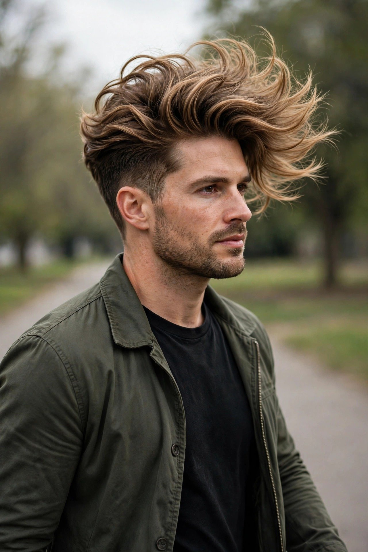 Confident man with a perfect blowout taper walking outdoors showing natural movement in the voluminous hair