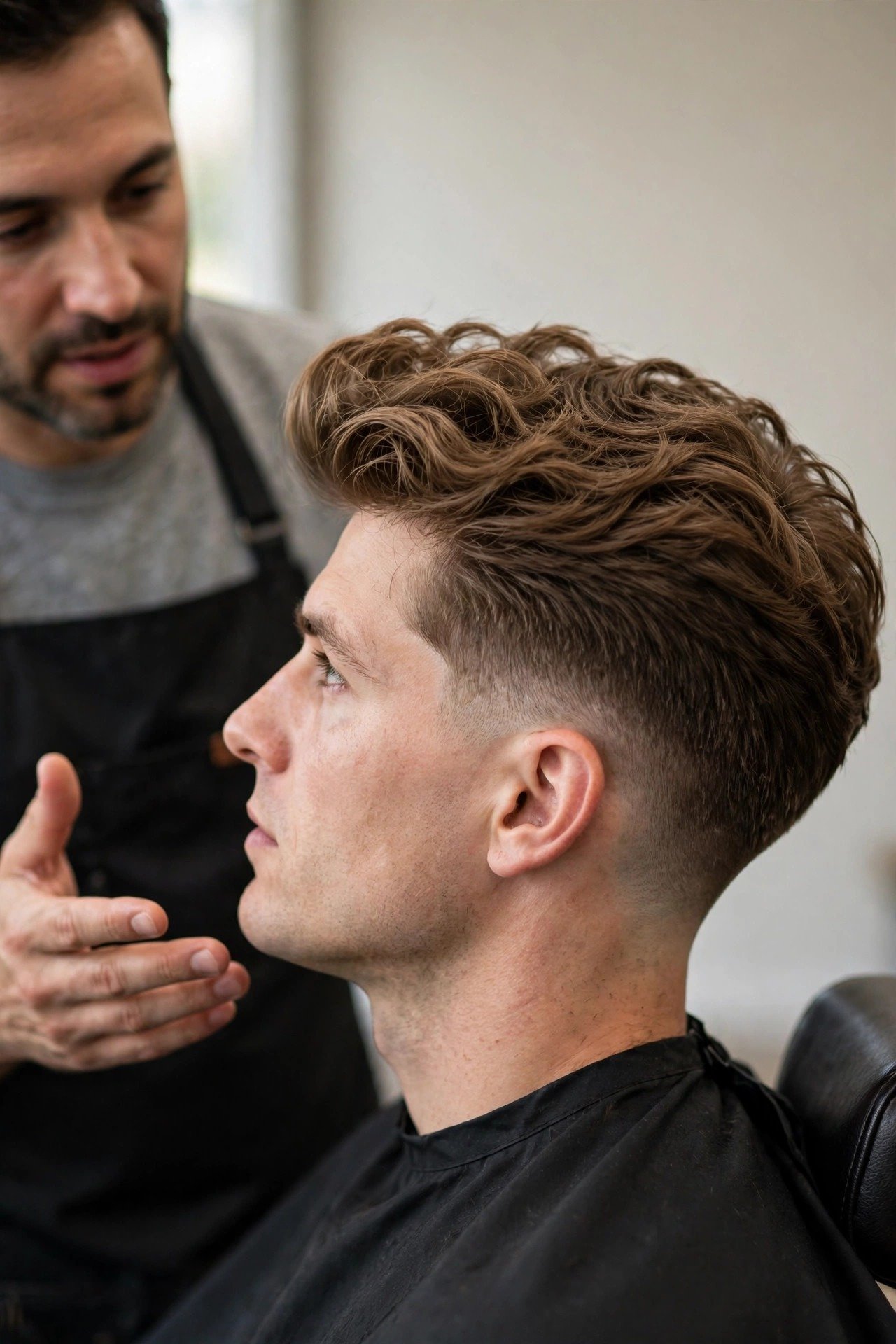 Barber explaining blowout taper maintenance to a client in the barbershop chair