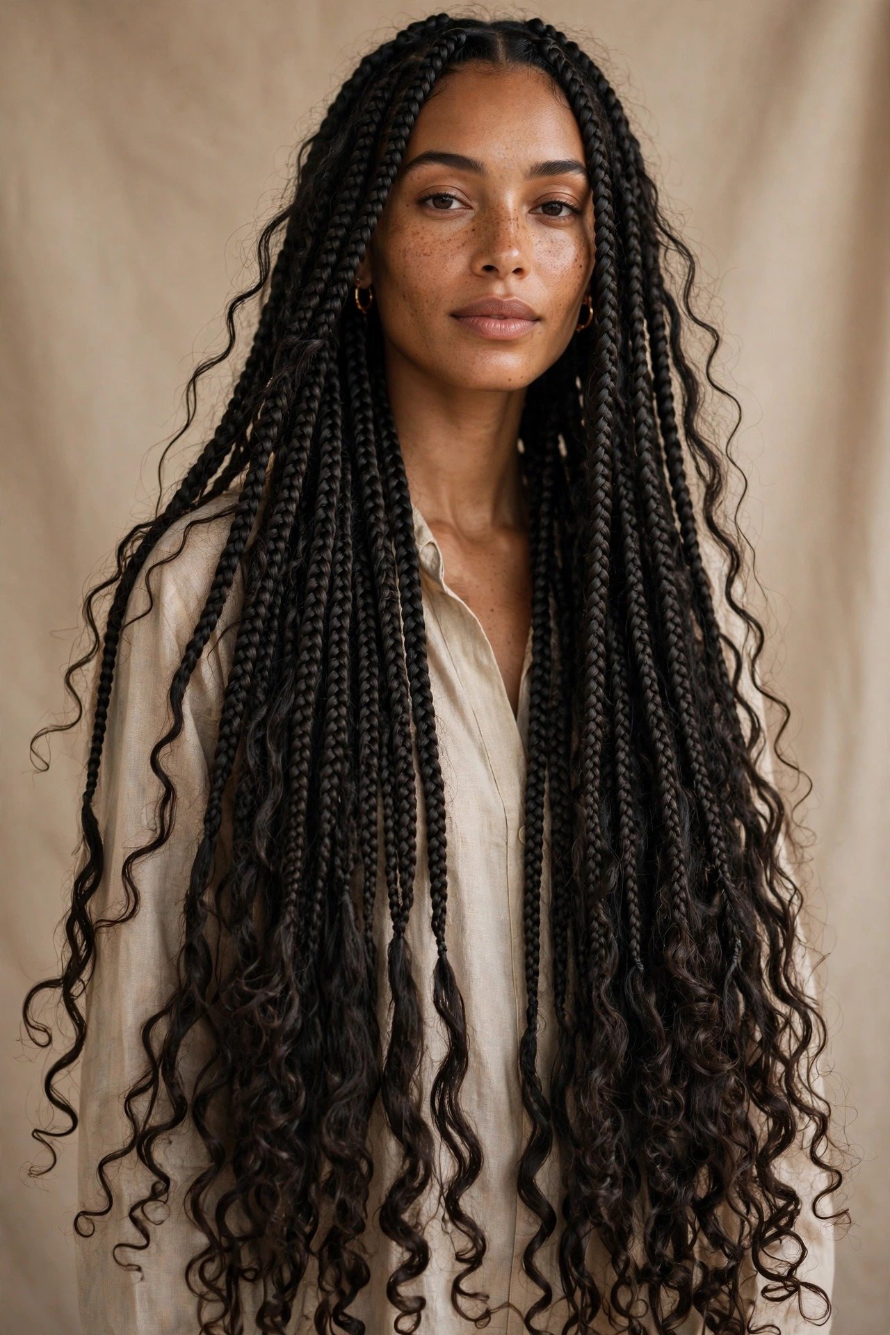 Classic boho box braids, long free-flowing box braids with curly ends, dark hair, bohemian styling