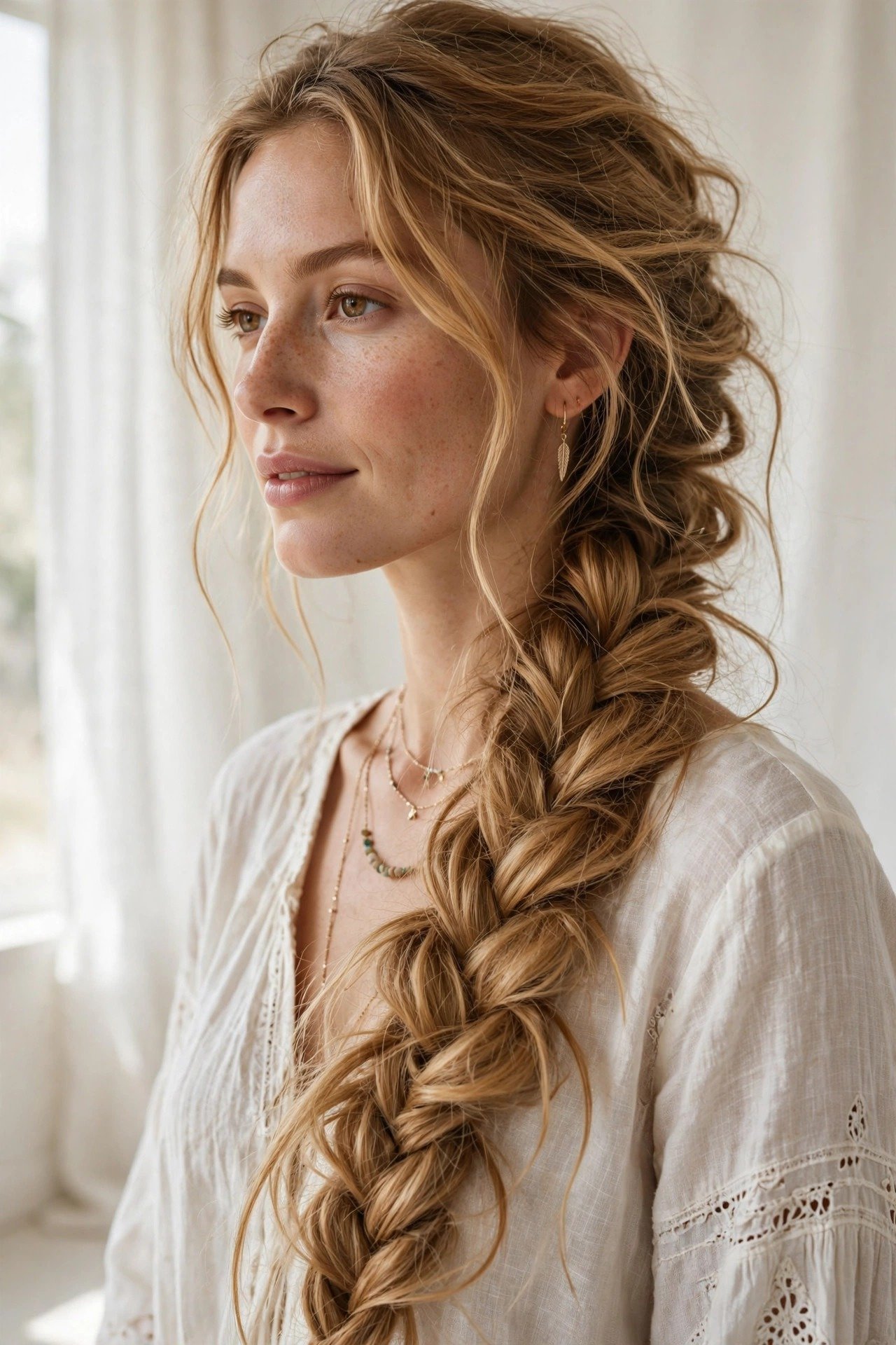 Boho fishtail braid draped over one shoulder, tousled honey-blonde hair, romantic free-spirited styling