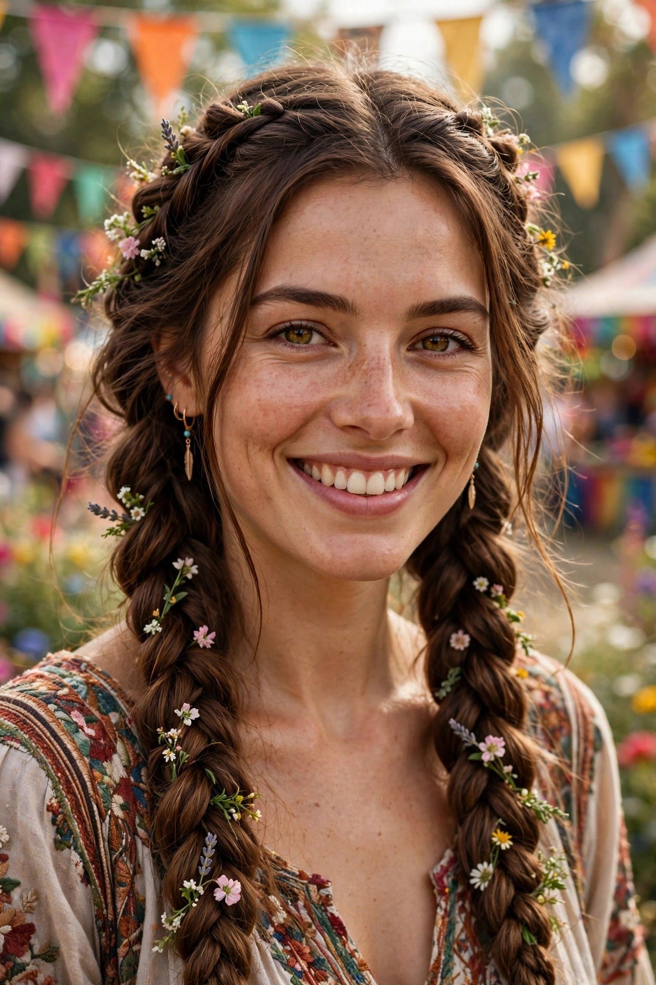 Festival double Dutch boho braids with soft pulled texture and tiny flowers, long chestnut hair