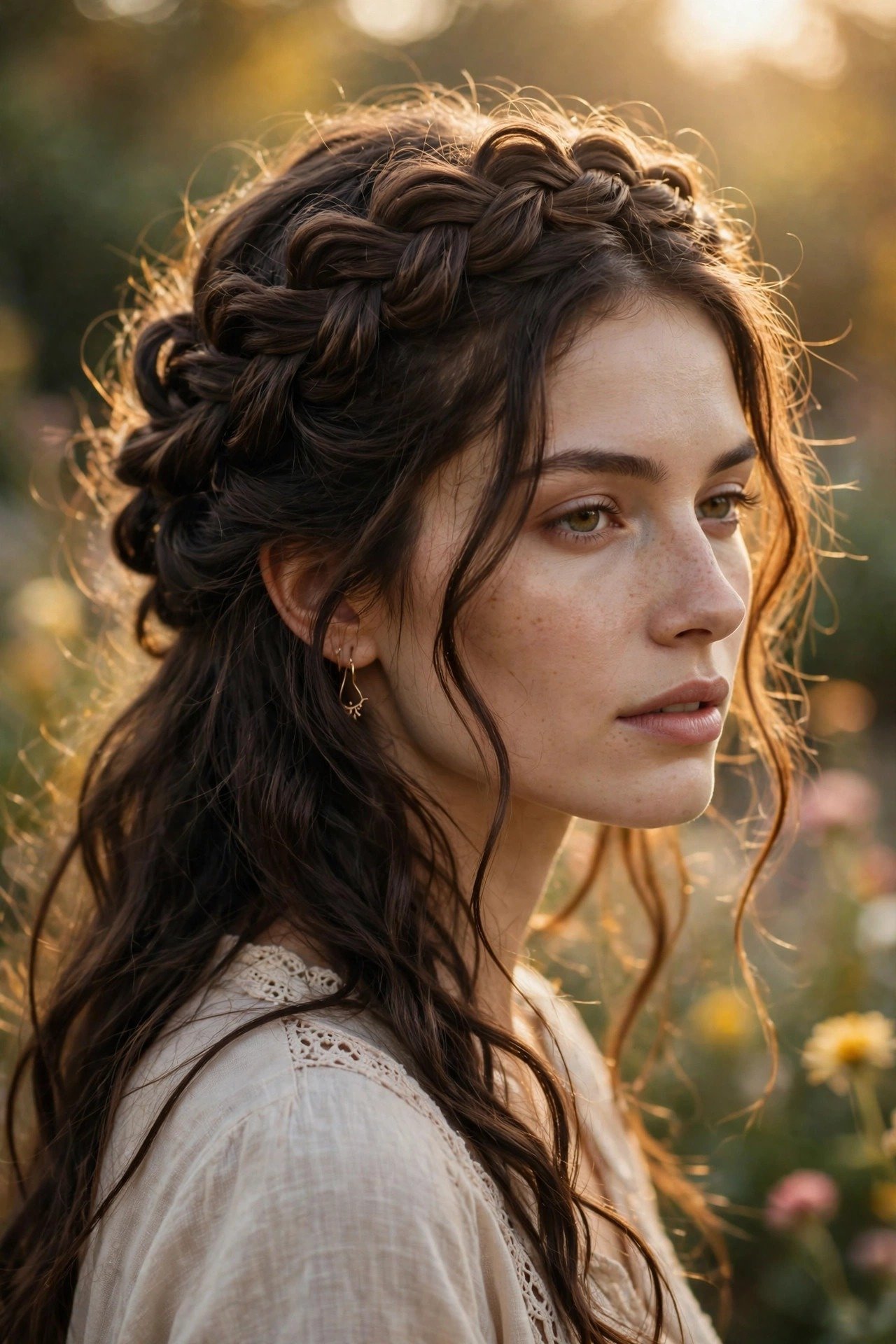 Boho crown braid circling the head with loose romantic texture, dark-brown wavy hair, garden setting