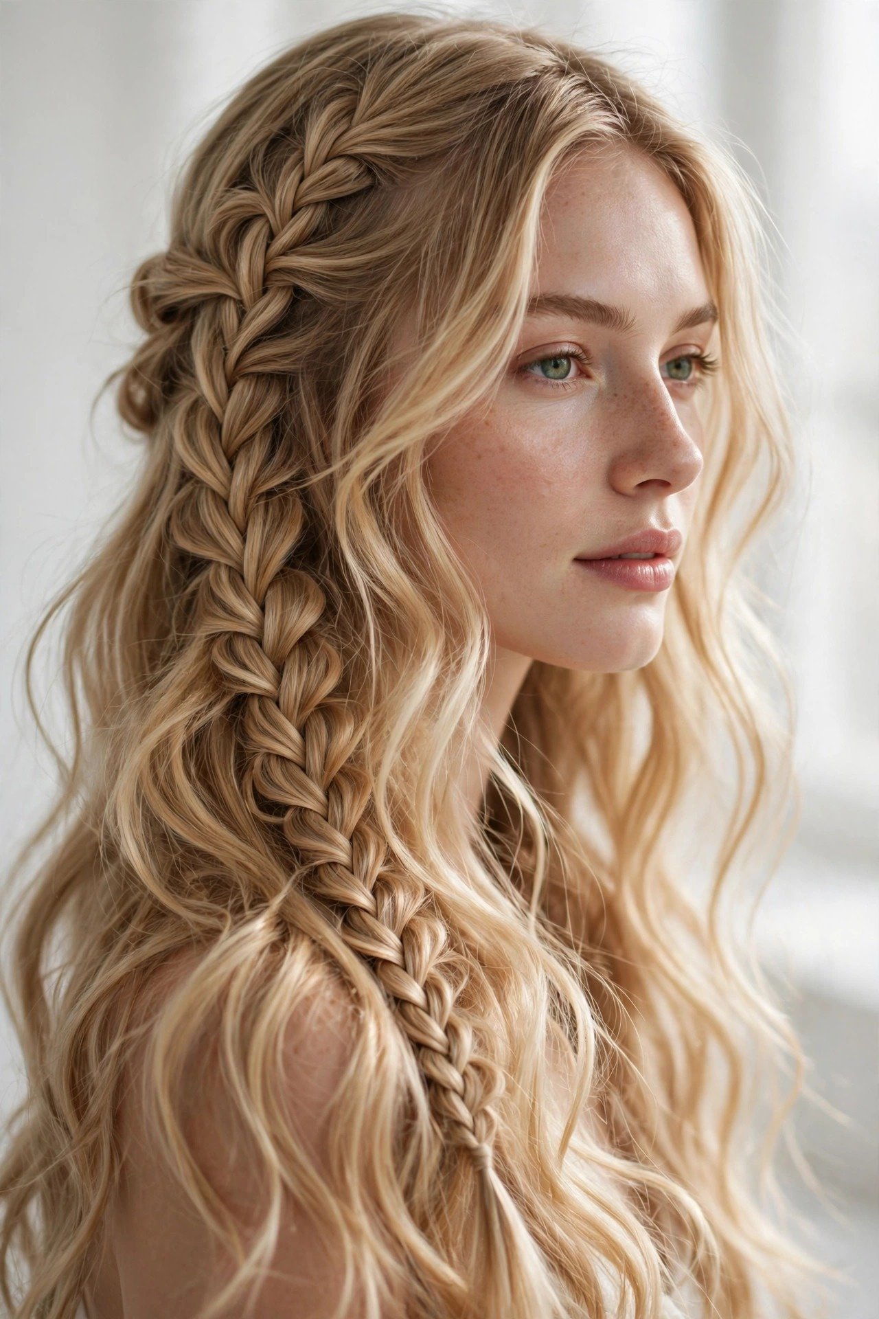 Waterfall boho braid cascading through long flowing blonde hair, romantic dreamy styling