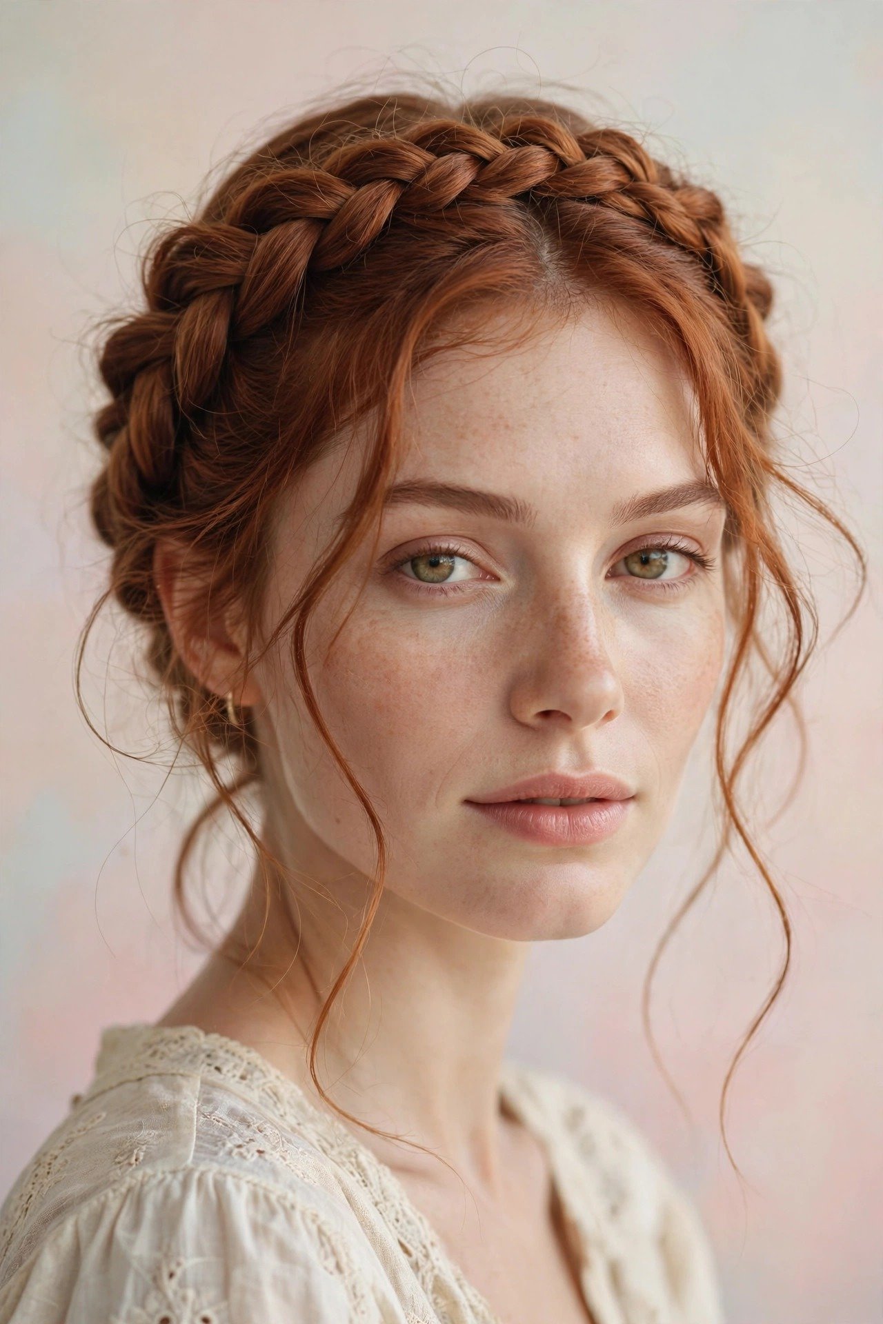 Boho milkmaid braids wrapped over the head with loose romantic texture, auburn hair, vintage bohemian charm