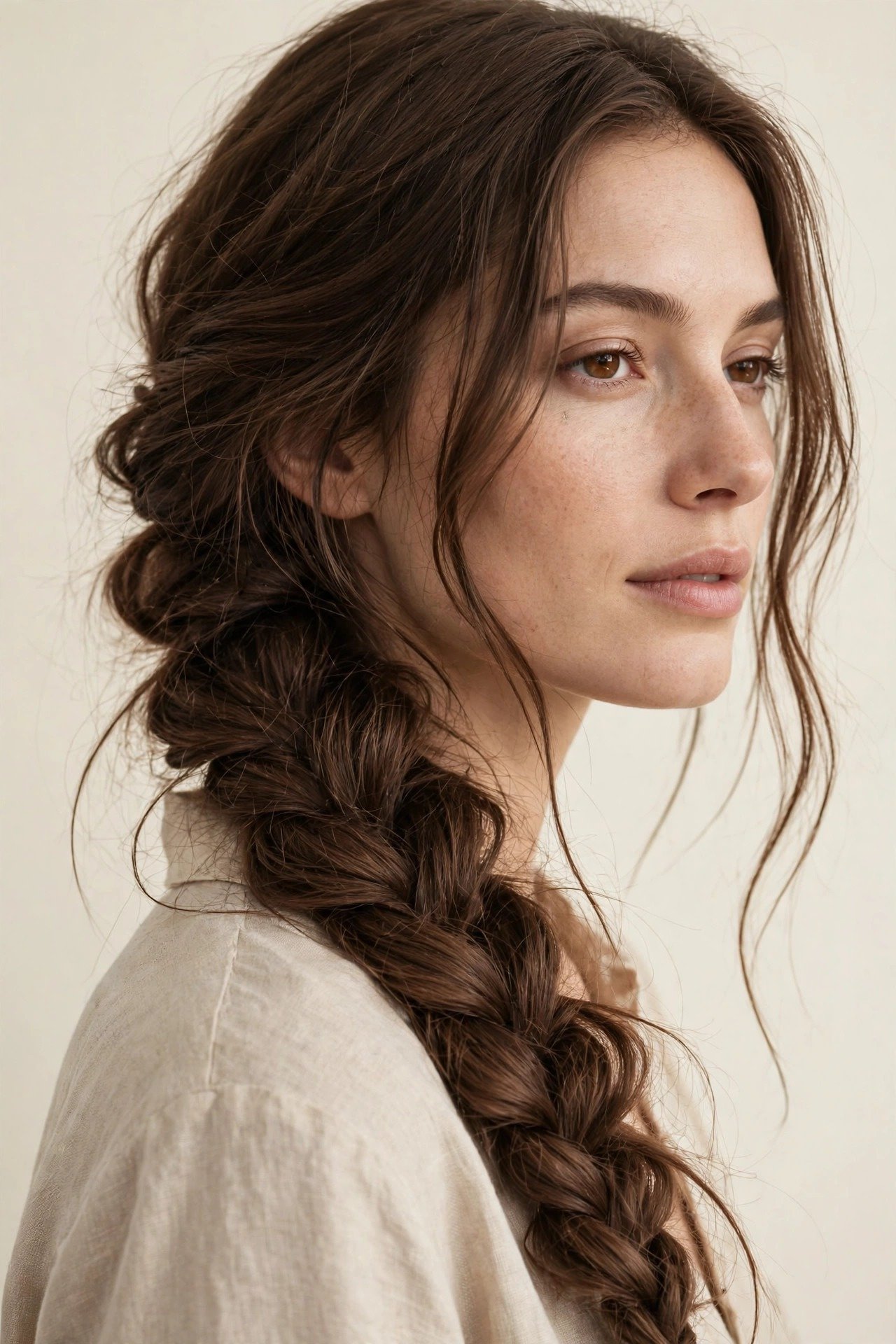 Loose boho side braid draped over one shoulder, thick relaxed braid, chocolate-brown hair, casual beauty