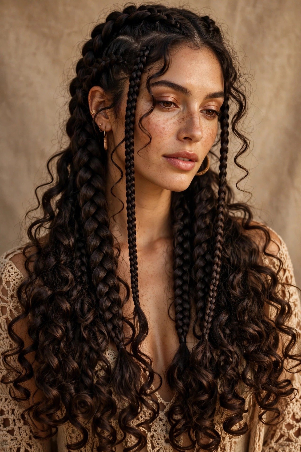 French-curl boho braids with bouncy curly ends, dark hair with voluminous curls, glamorous bohemian look