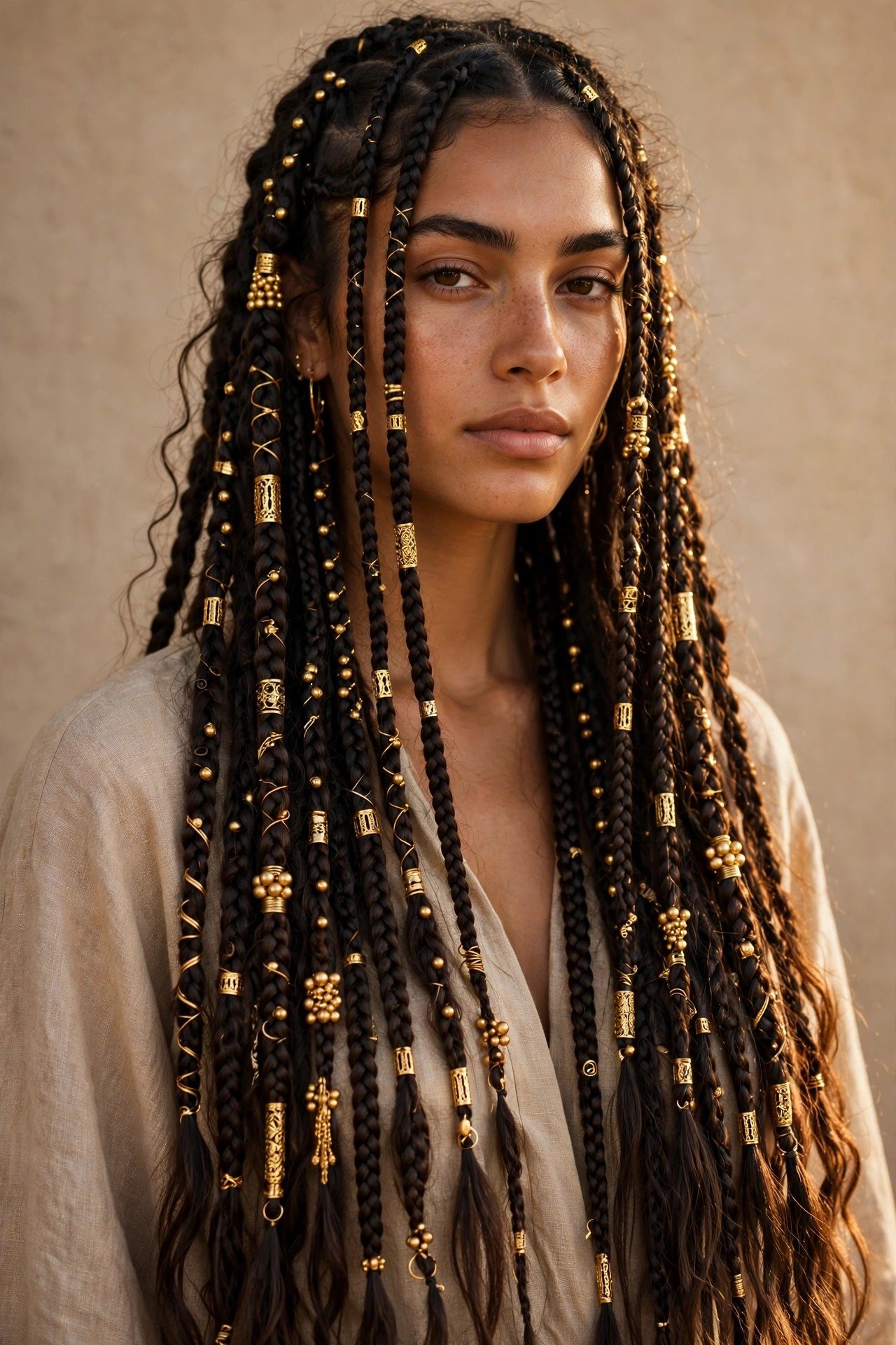 Boho braids decorated with gold beads and cuffs, dark braided hair with shimmering accessories, luxurious look