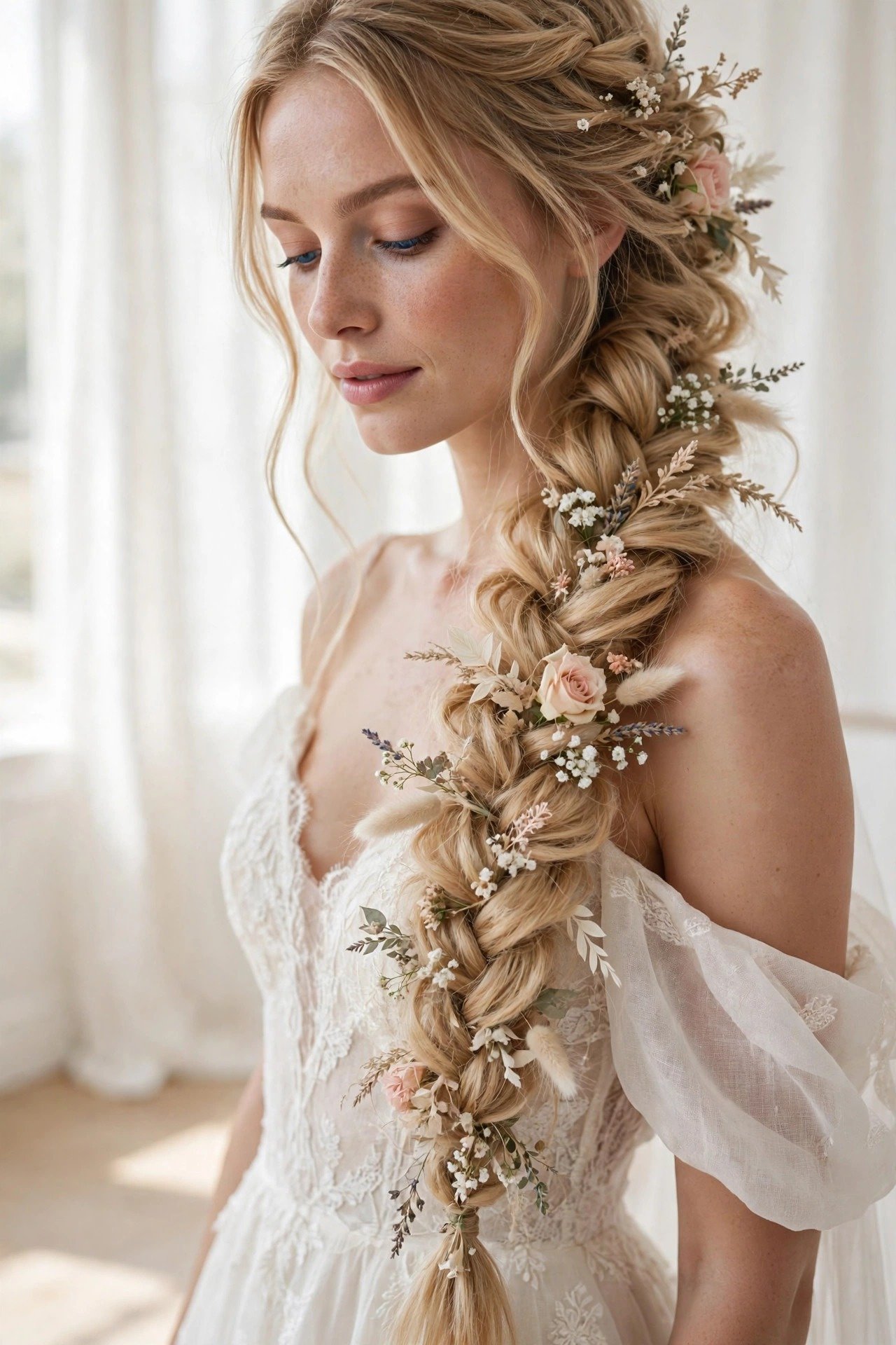 Bridal boho braid with soft flowers, loose textured blonde braid over one shoulder, white dress, luminous light