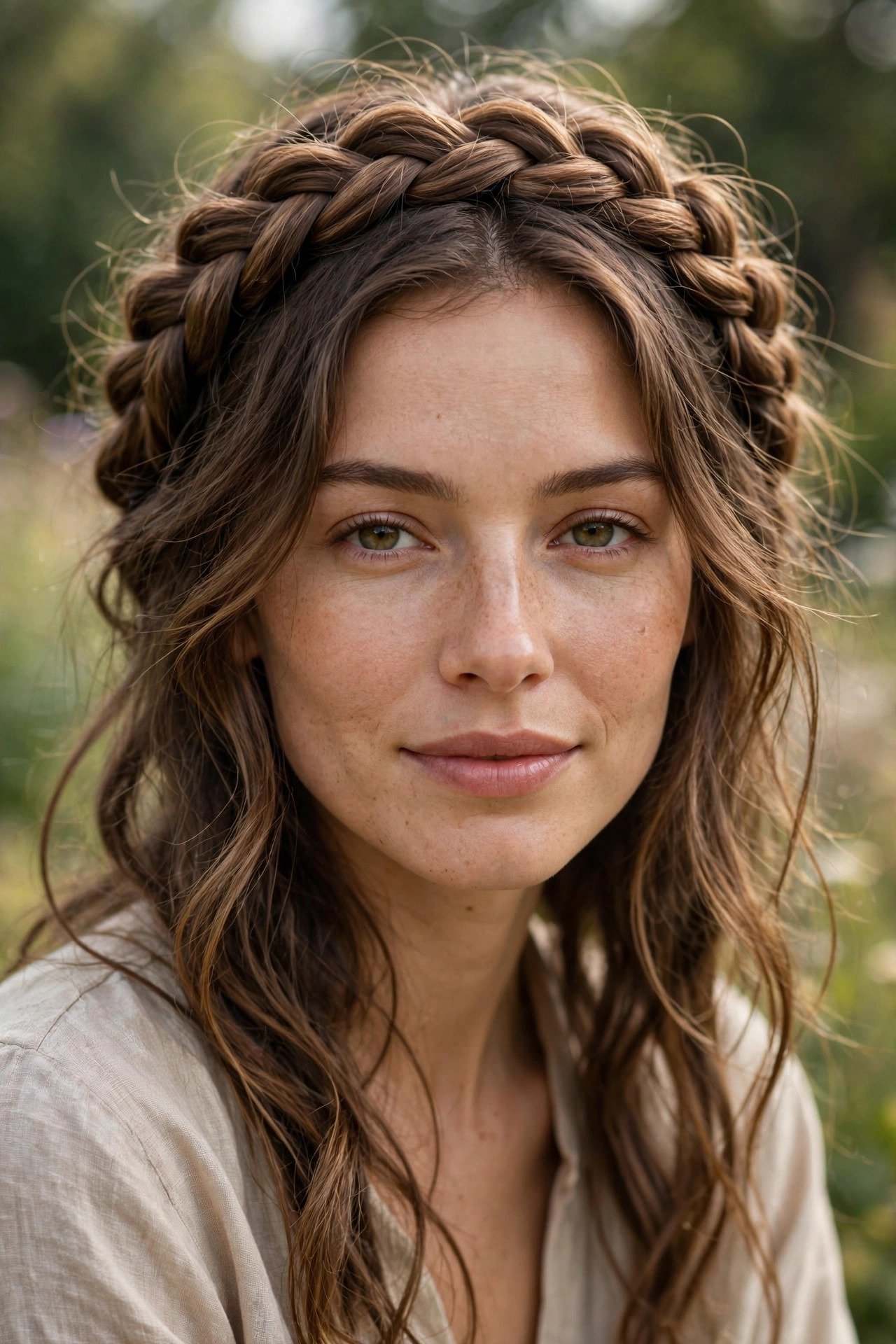 Relaxed boho halo braid, soft loose braided crown with natural texture, medium-brown wavy hair
