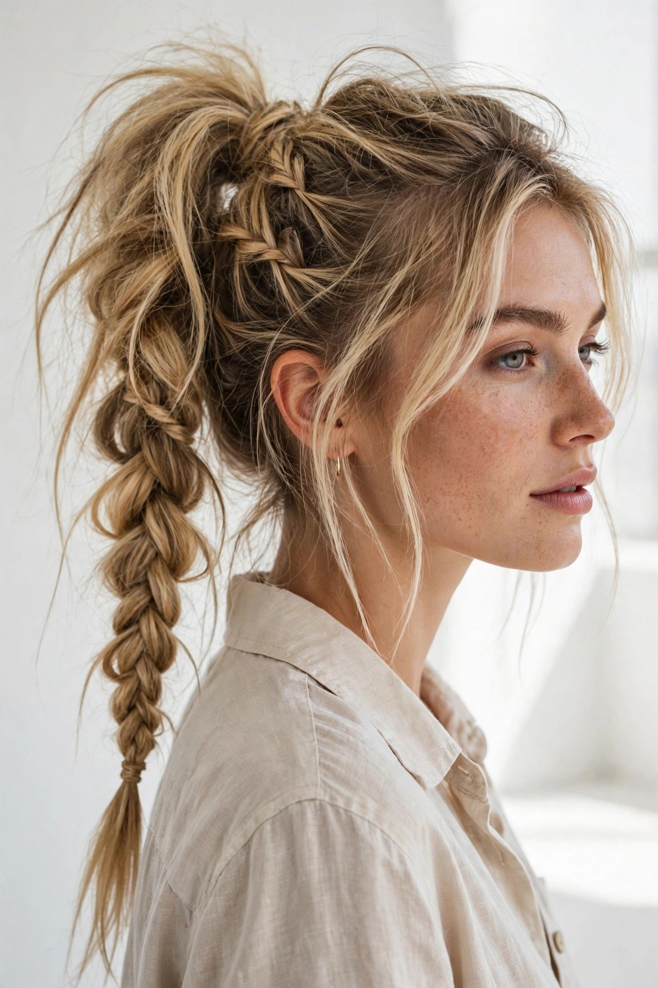 Messy boho ponytail braid, high textured ponytail with loose braid woven through, tousled blonde hair