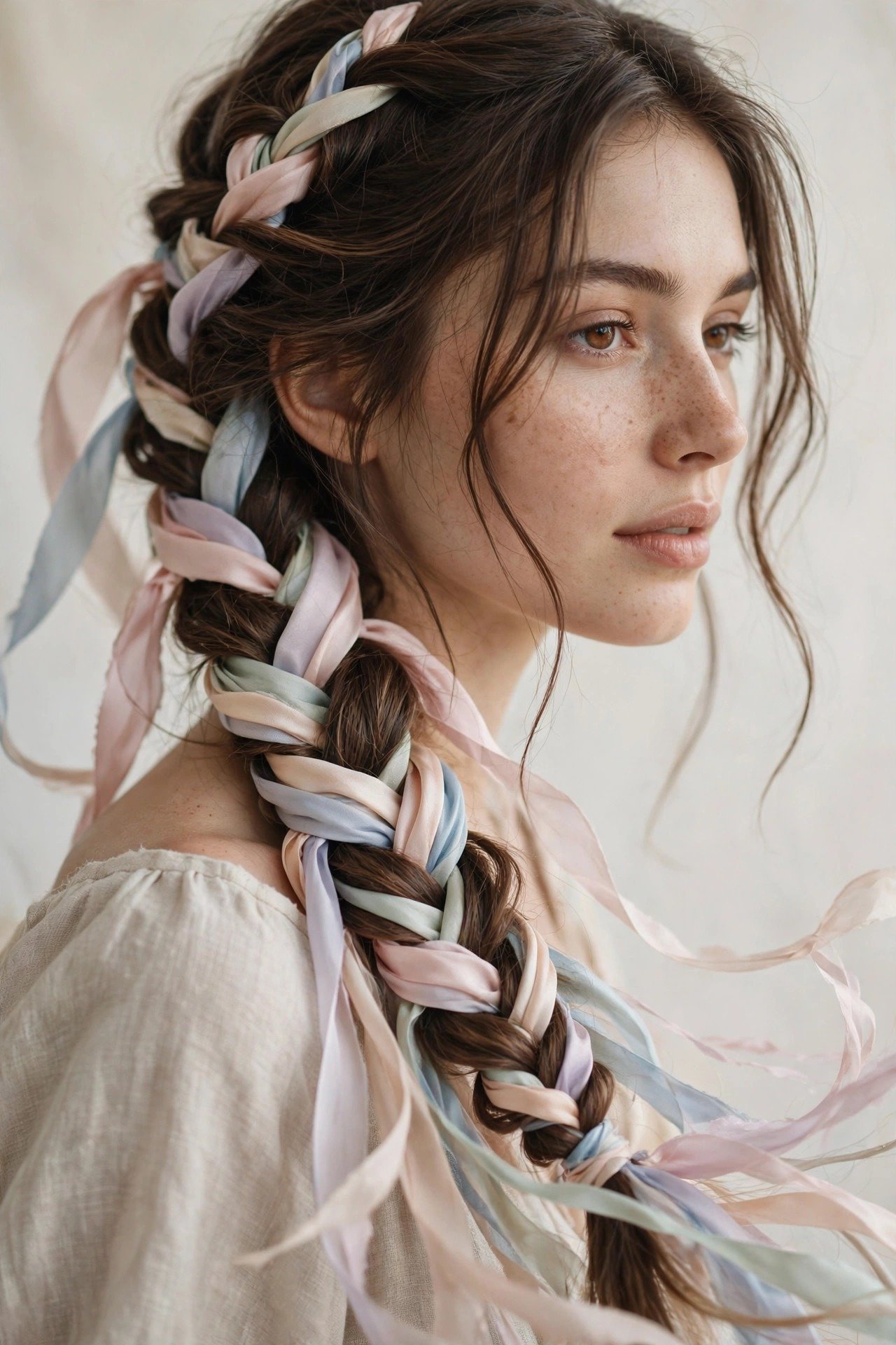 Boho braid woven with silk ribbons, long loose braid with flowing pastel ribbons, brunette hair, whimsical look