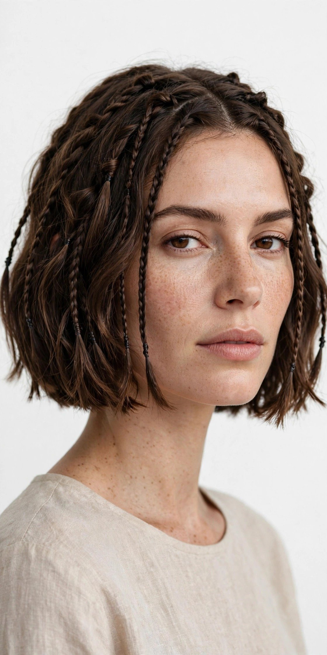 Short hair with small boho accent braids, delicate mini braids on a chin-length bob, textured brown hair