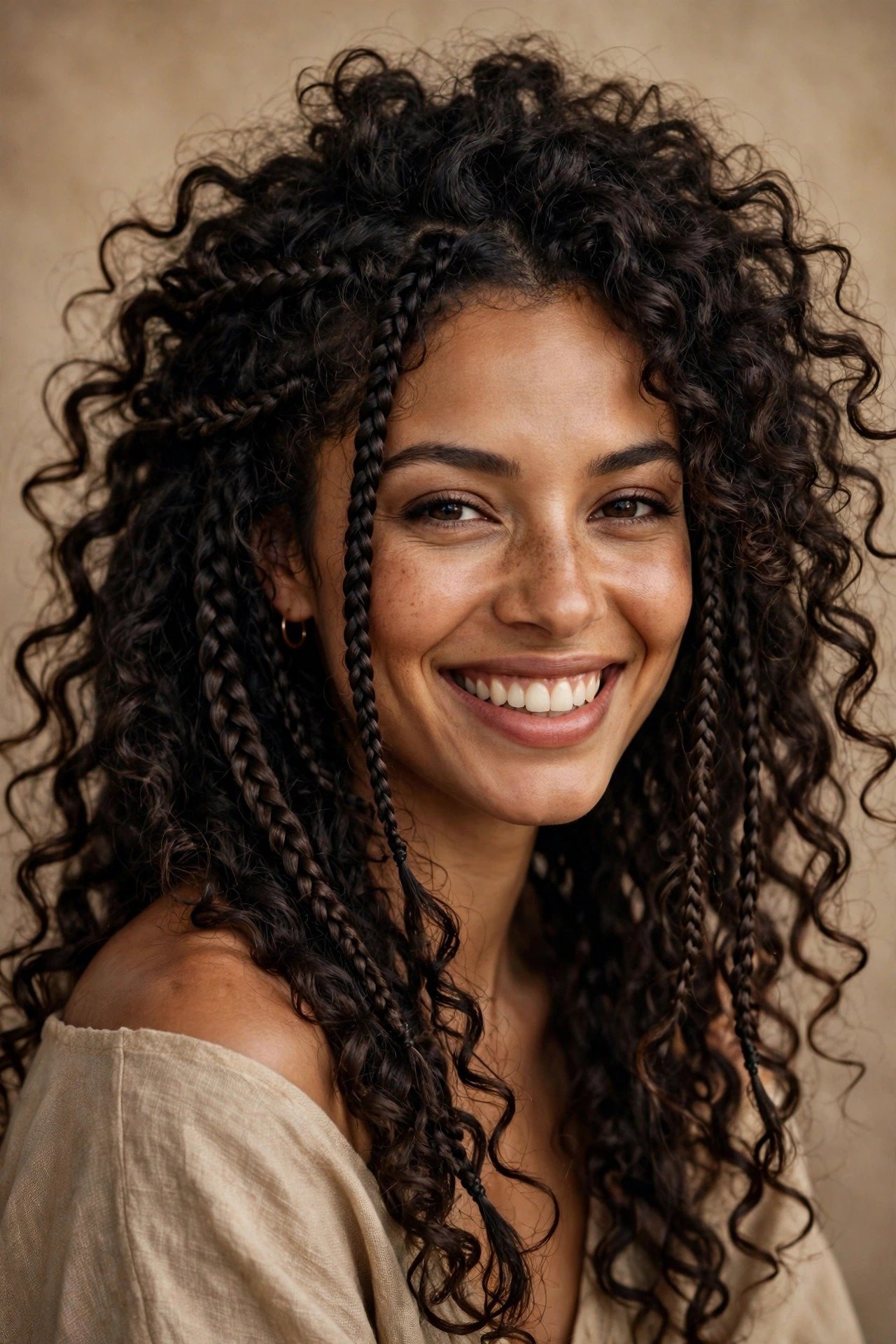 Curly boho braids with voluminous natural curls and loose braid accents, dark curly hair, joyful look