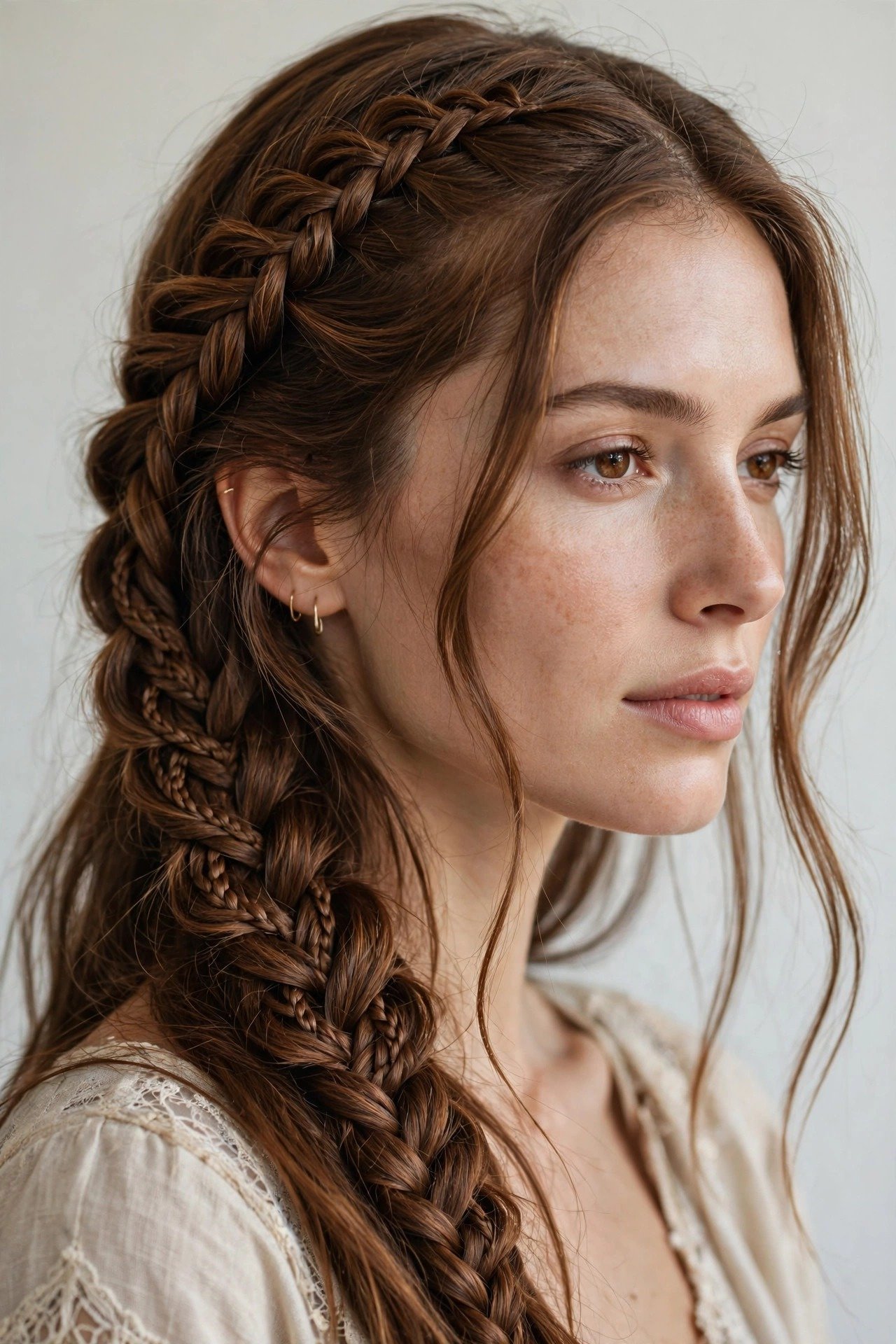 Dutch lace boho braid snaking along the side of the head, intricate woven pattern, chestnut hair