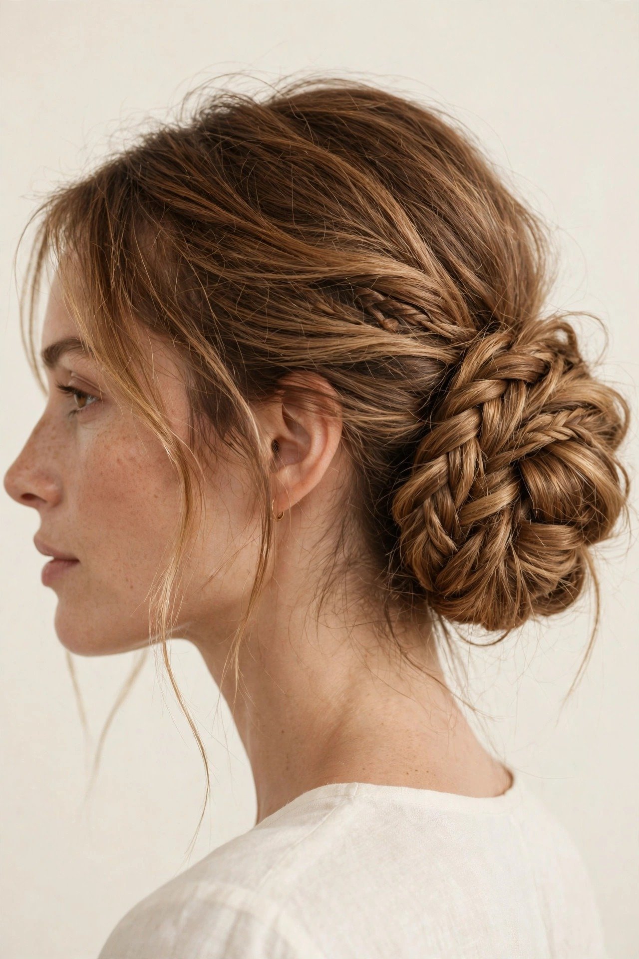 Boho braided bun, relaxed textured low bun wrapped with loose braid, honey-brown hair, effortless elegance